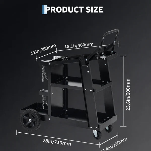Chariot de soudage Garvee à 3 niveaux, robuste, avec roues pivotantes à 360° et chaînes de rangement de réservoir pour machines de soudage TIG ARC MMA coupeur plasma, noir