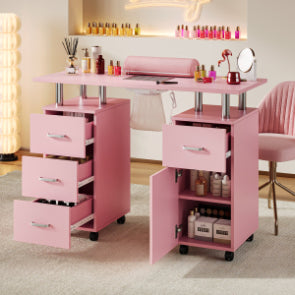 Garvee Salon Manicure Table for Nail Techs with Electric particles Collector – Portable Desk with 4 Drawers, Side Cabinet, Lockable Wheels & Wrist Rest, Beauty Station, Pink US Standard