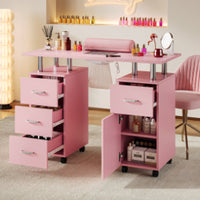 Garvee Salon Manicure Table for Nail Techs with Electric particles Collector – Portable Desk with 4 Drawers, Side Cabinet, Lockable Wheels & Wrist Rest, Beauty Station, Pink US Standard