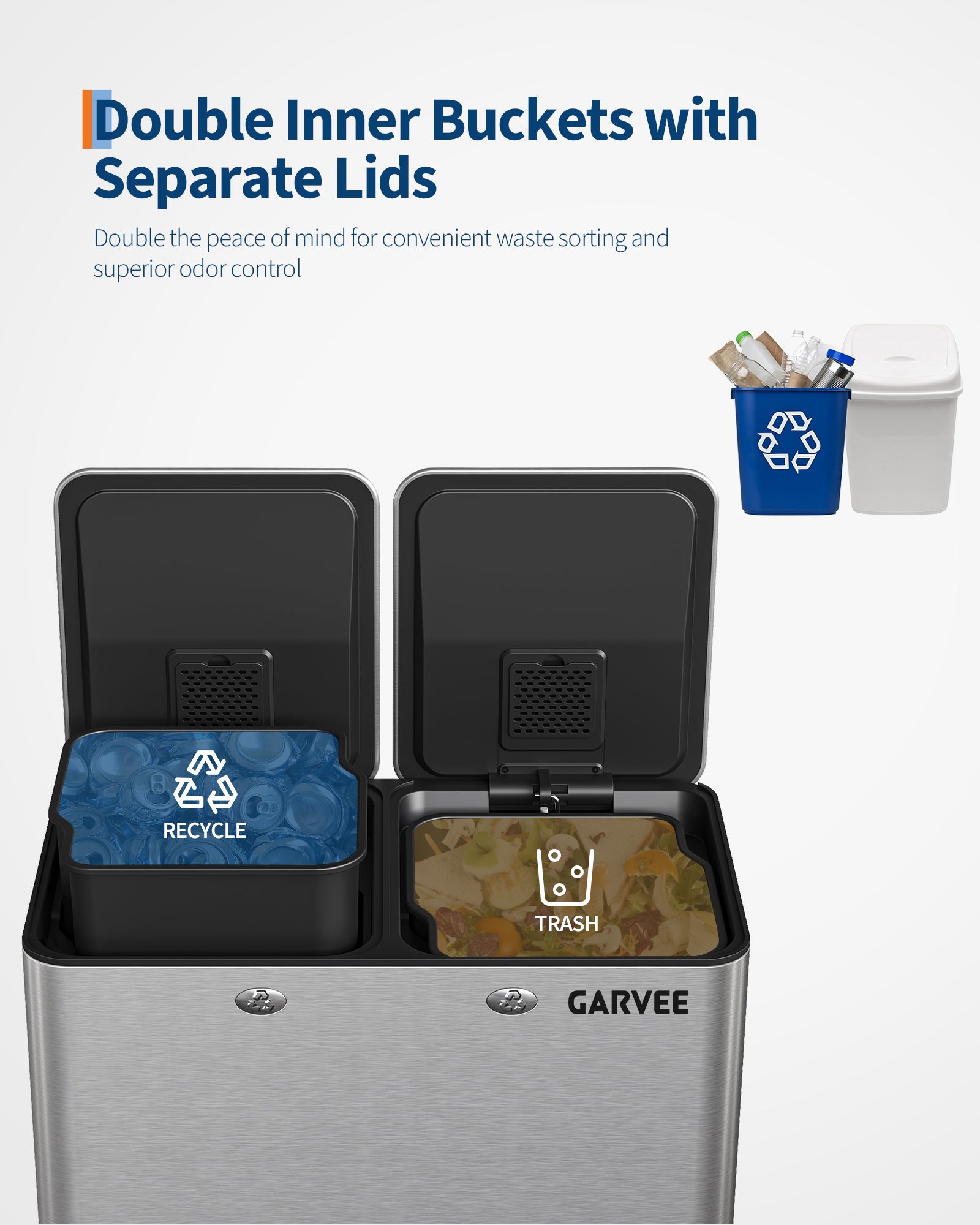 Garvee Large Dual Trash Can 2 x 8 Gallons- 60 Liters Stainless Steel Kitchen Double Trash Can,2 Compartment Trash Can Combo Garbage Bin with Separated Lid and Foot Pedal for Kitchen