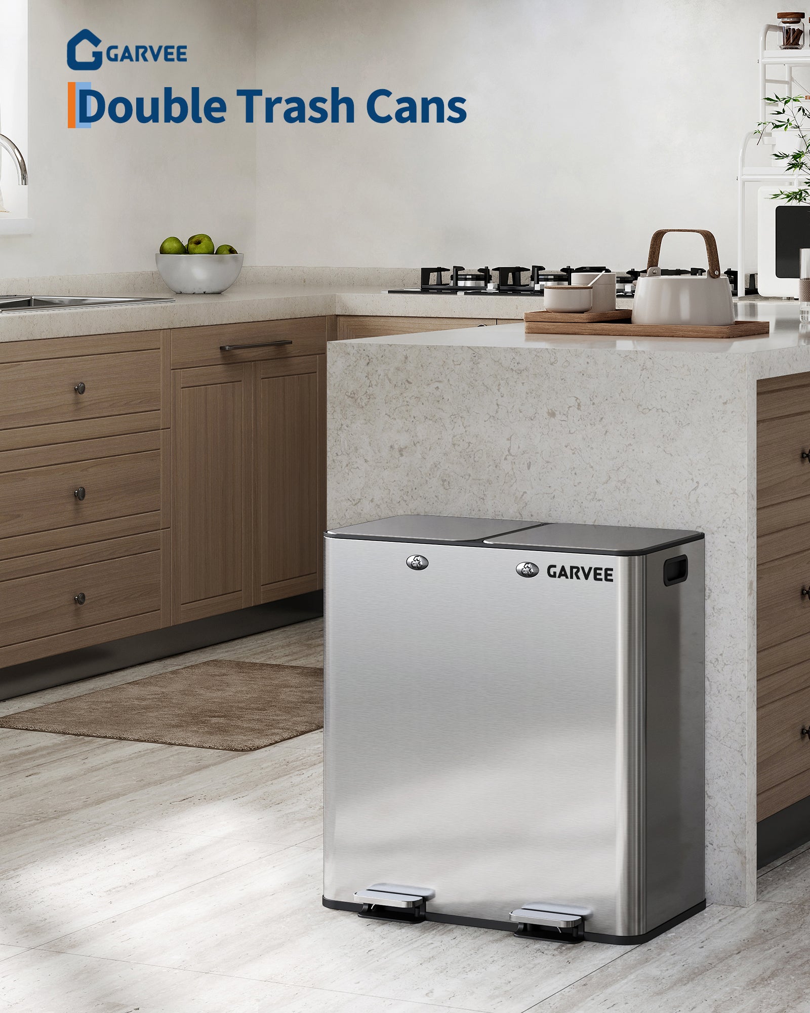 Garvee Large Dual Trash Can 2 x 8 Gallons- 60 Liters Stainless Steel Kitchen Double Trash Can,2 Compartment Trash Can Combo Garbage Bin with Separated Lid and Foot Pedal for Kitchen