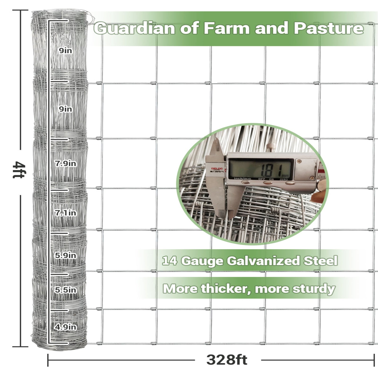 14-gauge galvanized steel and 4ft x 328ft fence roll details