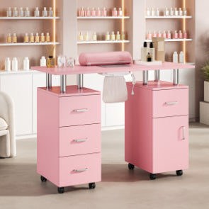 Garvee Salon Manicure Table for Nail Techs with Electric particles Collector – Portable Desk with 4 Drawers, Side Cabinet, Lockable Wheels & Wrist Rest, Beauty Station, Pink US Standard
