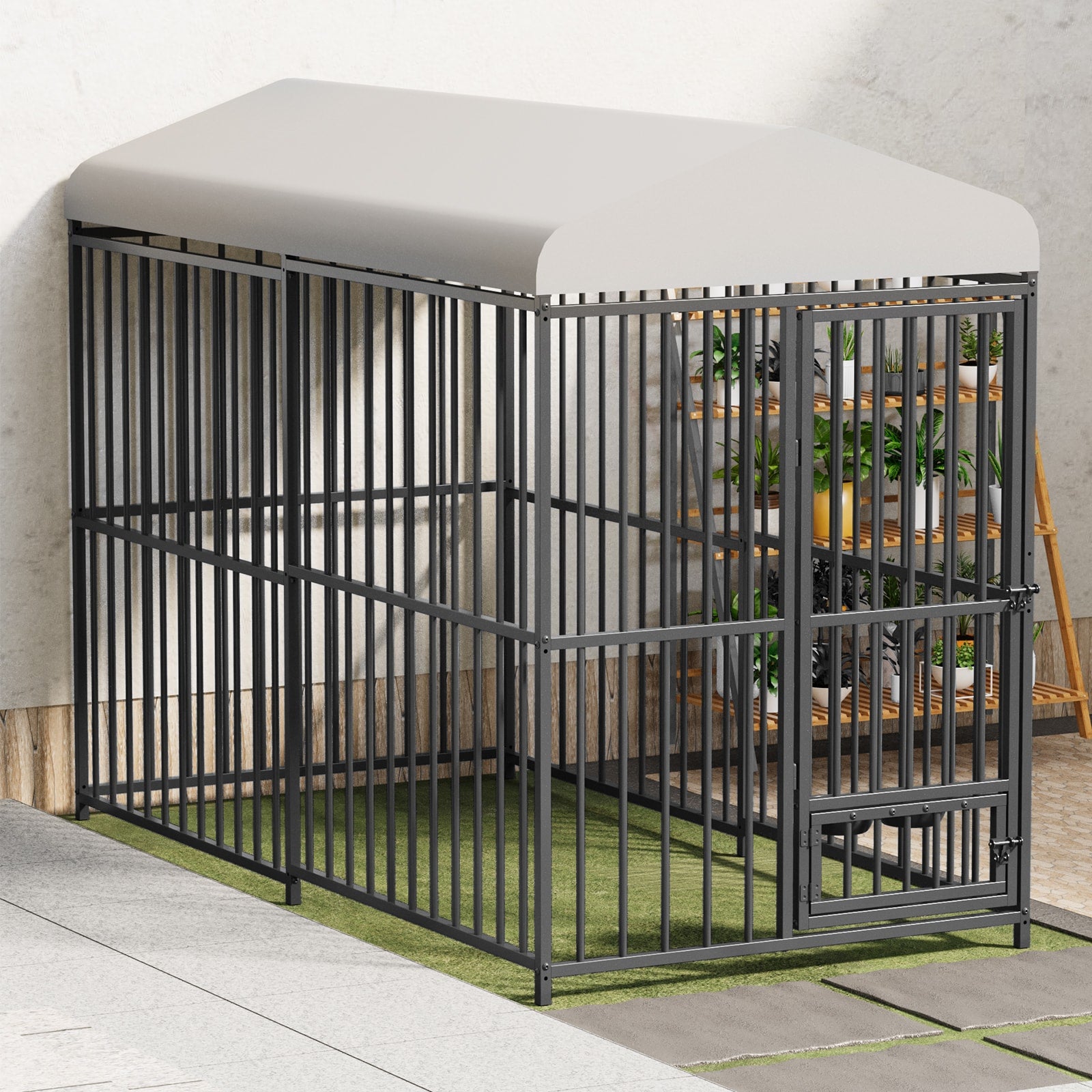 Garvee Grand Chenil d'extérieur Robuste 2,4 × 1,2 × 1,8 m avec Verrou, Gamelle Rotative en Acier Inoxydable, Toit Étanche, pour Toutes les Races de Chiens, en Métal, Résistant aux Intempéries