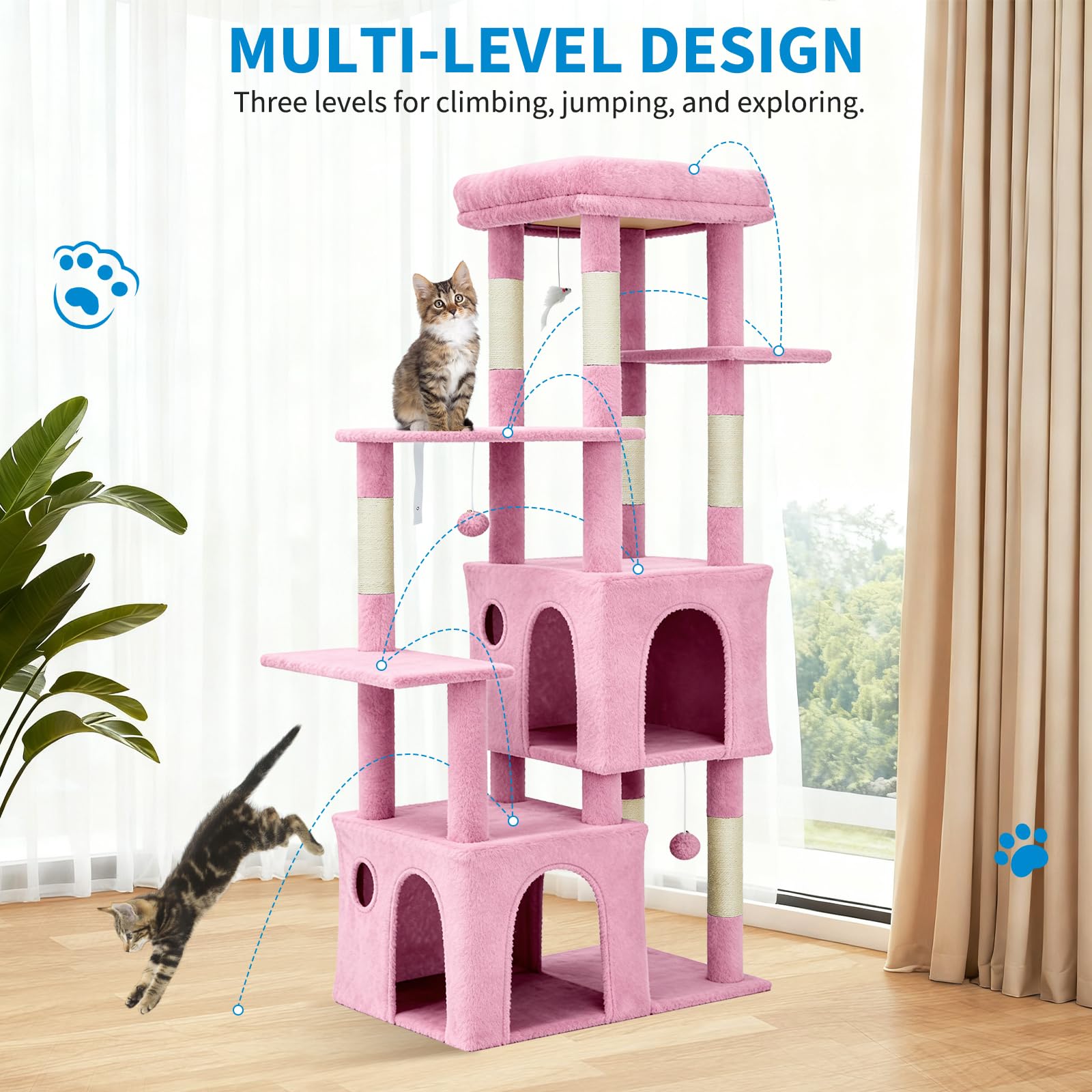 pink multi level cat tree showing climbing routes and elevated platforms