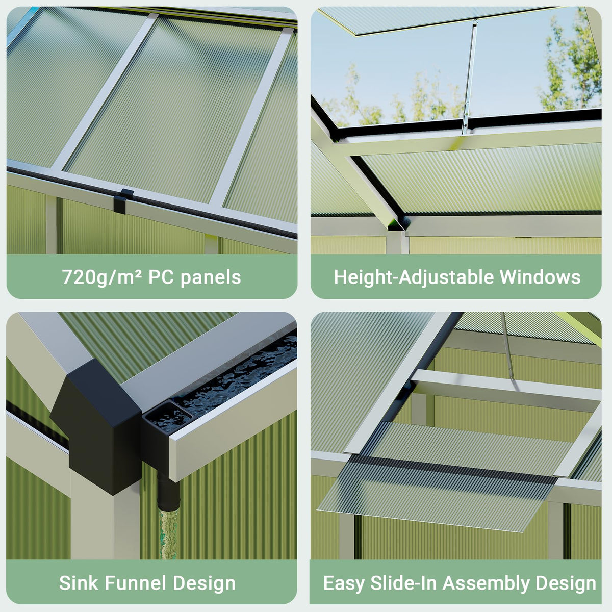 Key greenhouse upgrades: polycarbonate panels, adjustable roof vent, gutter drainage, and slide-in assembly