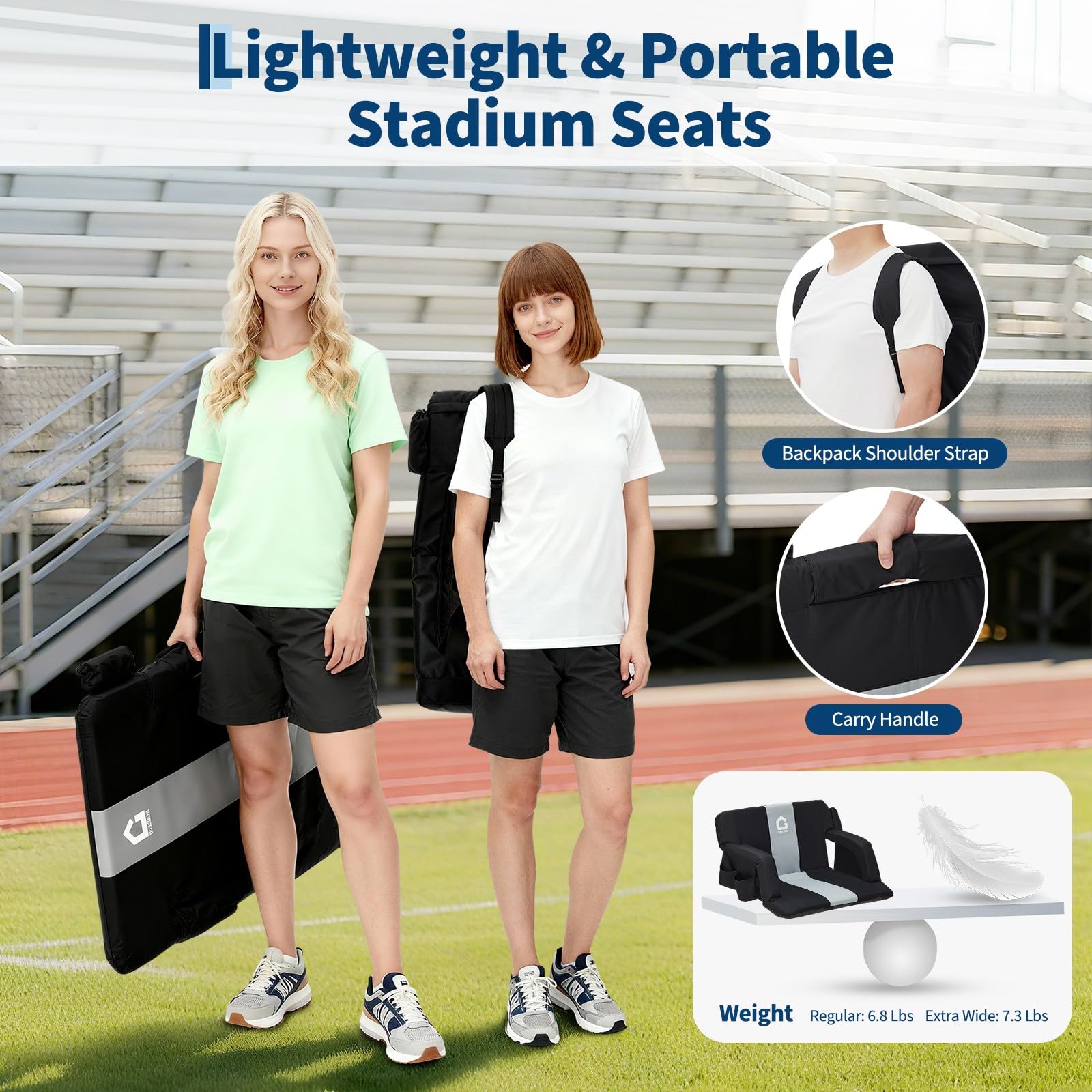 Garvee black and gray stadium seat with backpack straps and carry handle for portable use