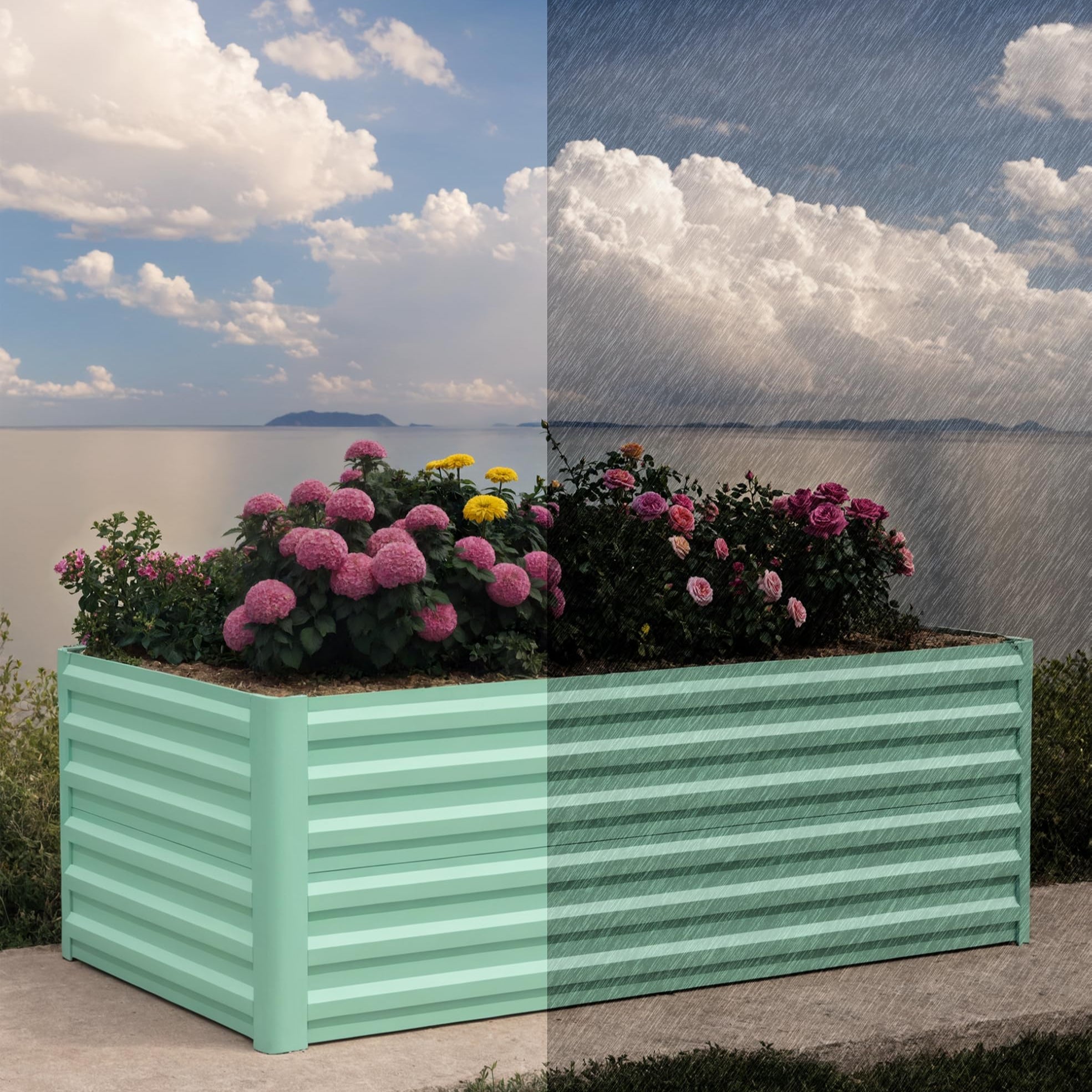 Green raised garden bed shown in sunny and rainy outdoor conditions
