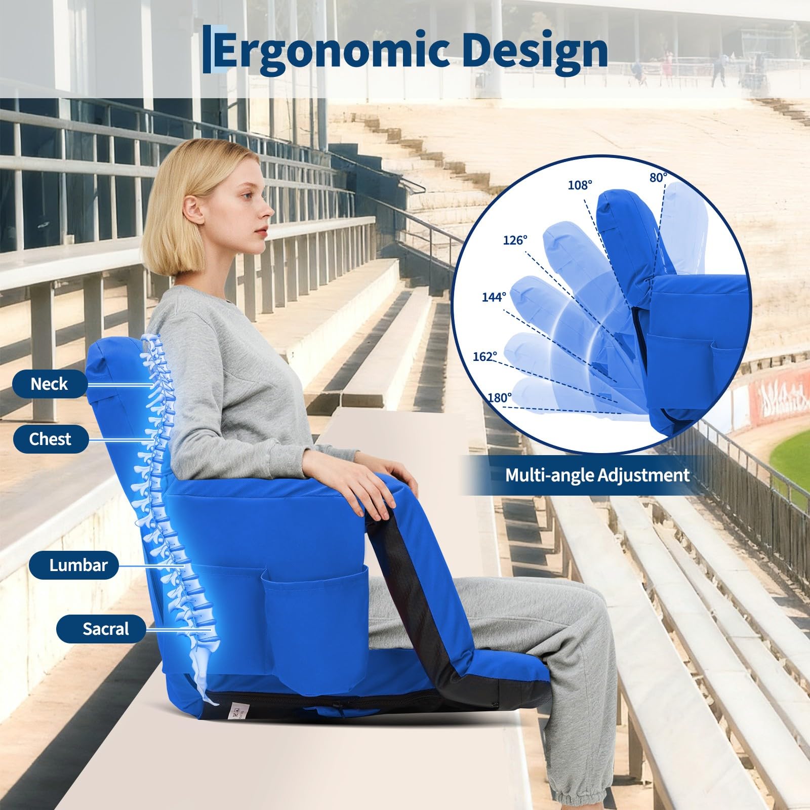 Garvee blue stadium seat showing 6-position reclining ergonomic back support