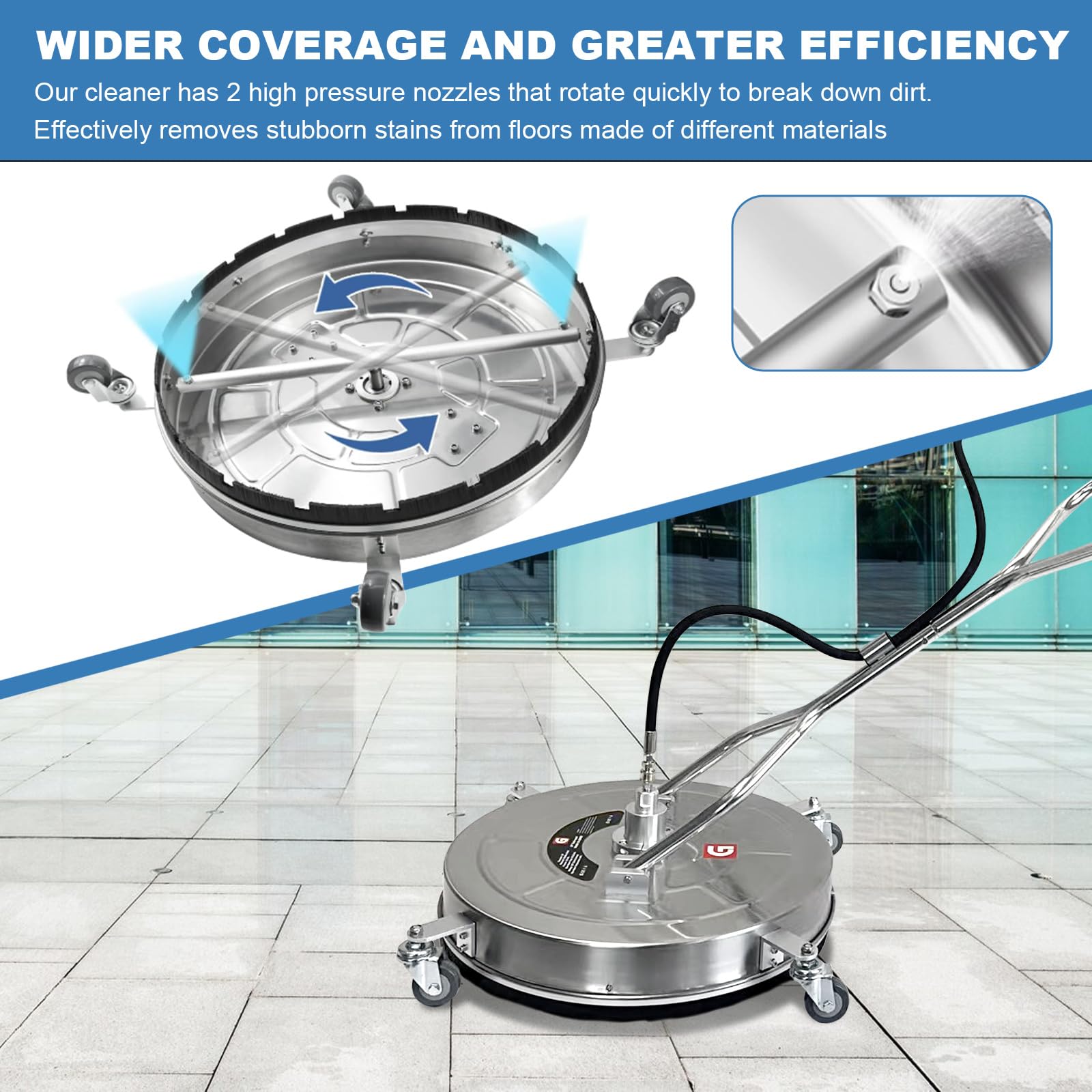 Underside of 20 inch stainless steel surface cleaner showing dual rotating spray arms