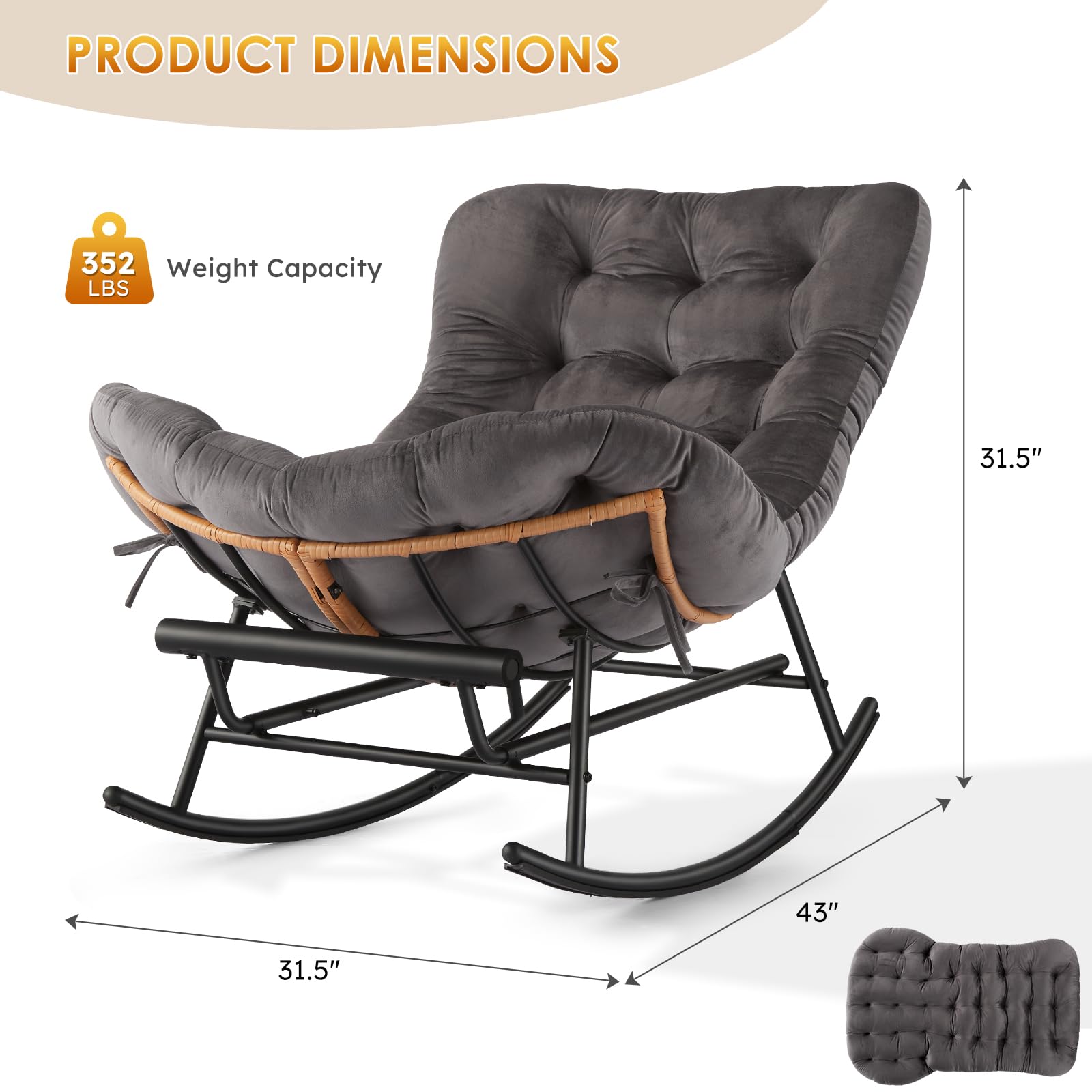 Dimensions du fauteuil à bascule surdimensionné : 43D x 31.5W x 31.5H