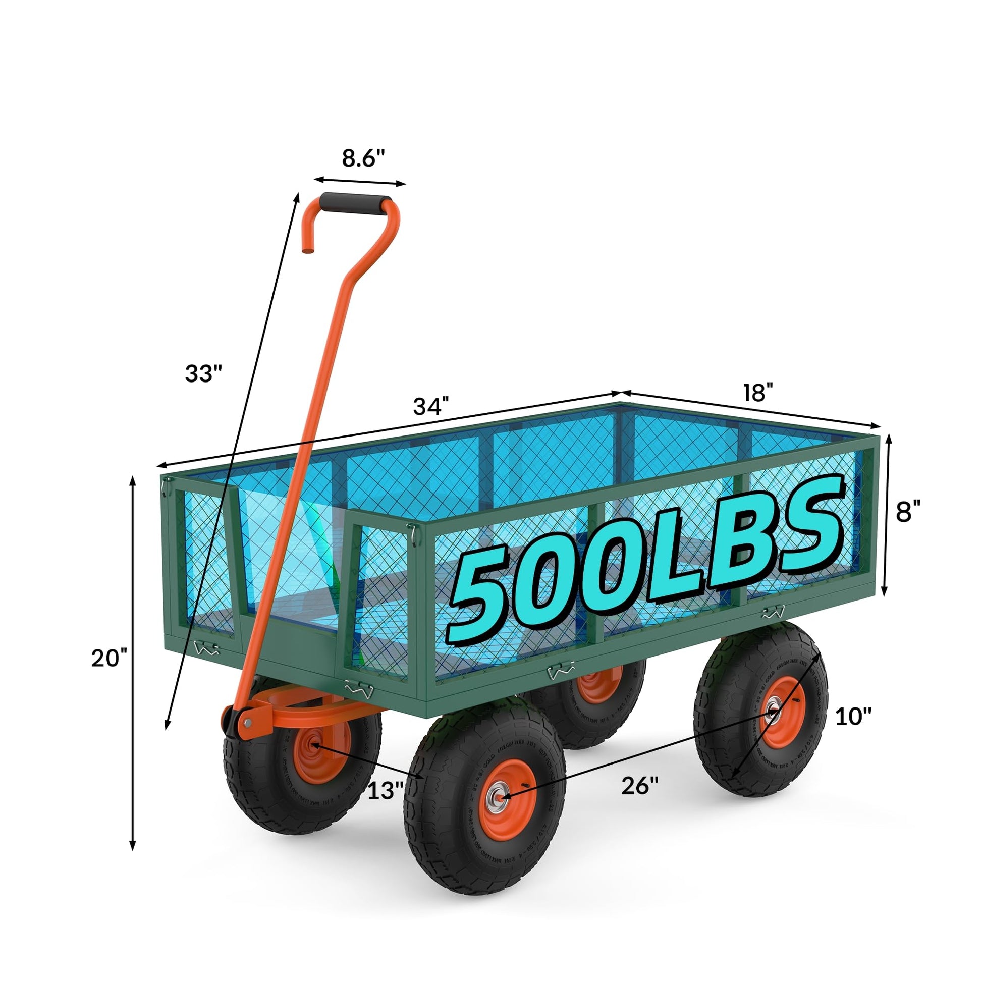 Green and orange 500 lb garden cart with product dimensions and 10-inch wheels