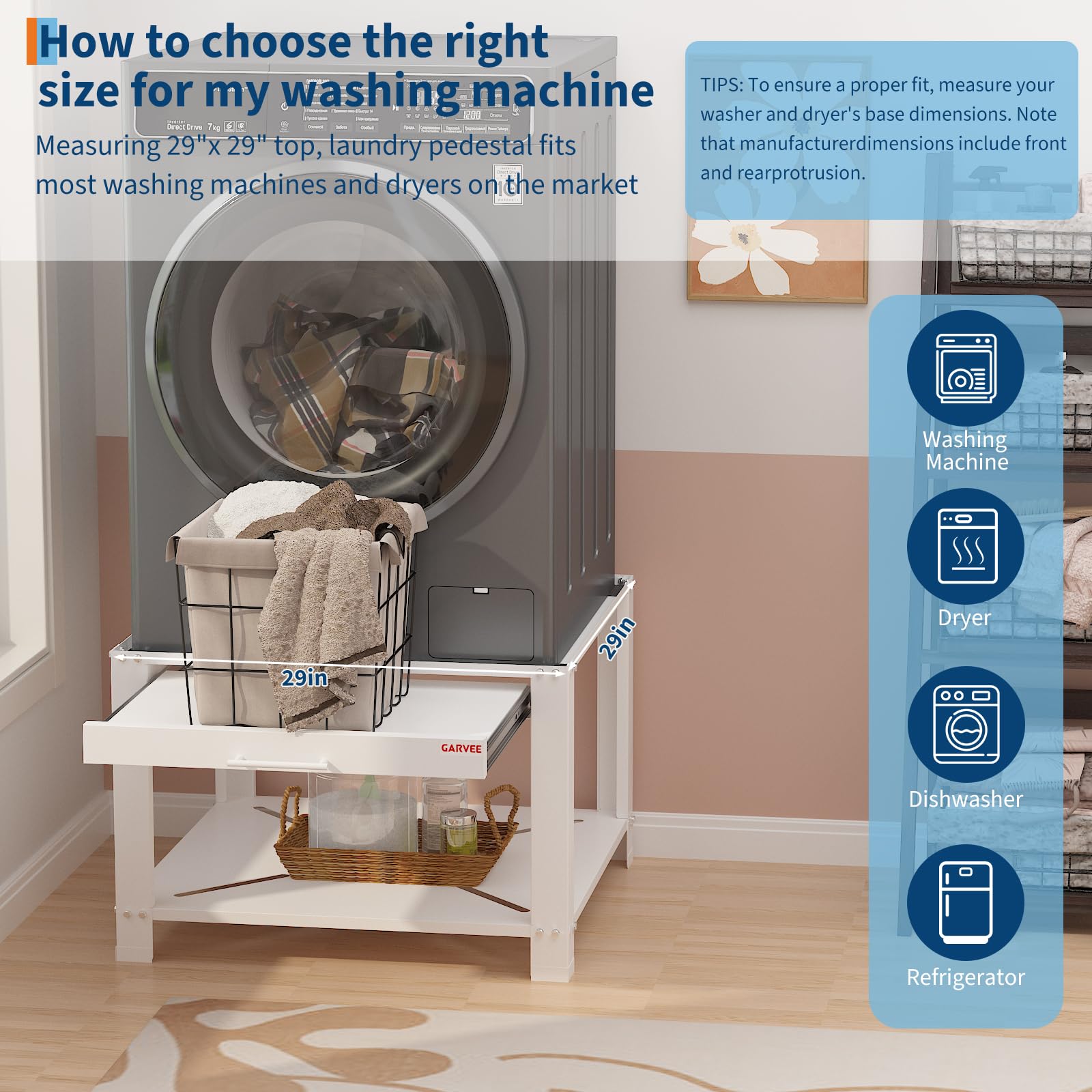 Garvee 29" Wide Laundry Pedestal for Washer and Dryer with Pullout-Shelf, Universal Fit, Anti-Vibration, 800 lbs Capacity, White