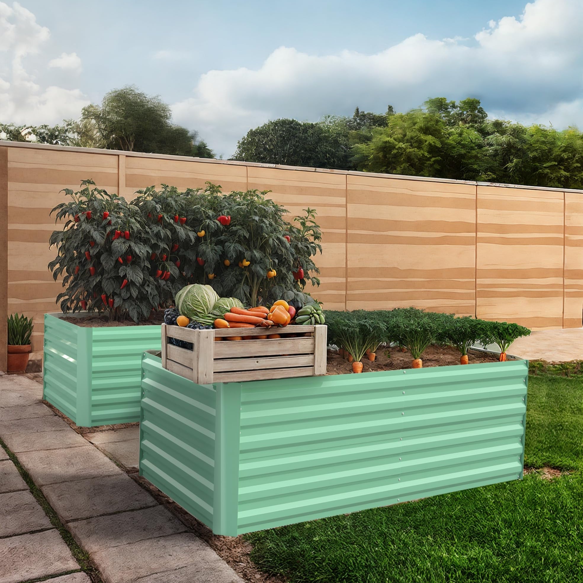 Green raised garden bed set filled with vegetables in a backyard garden