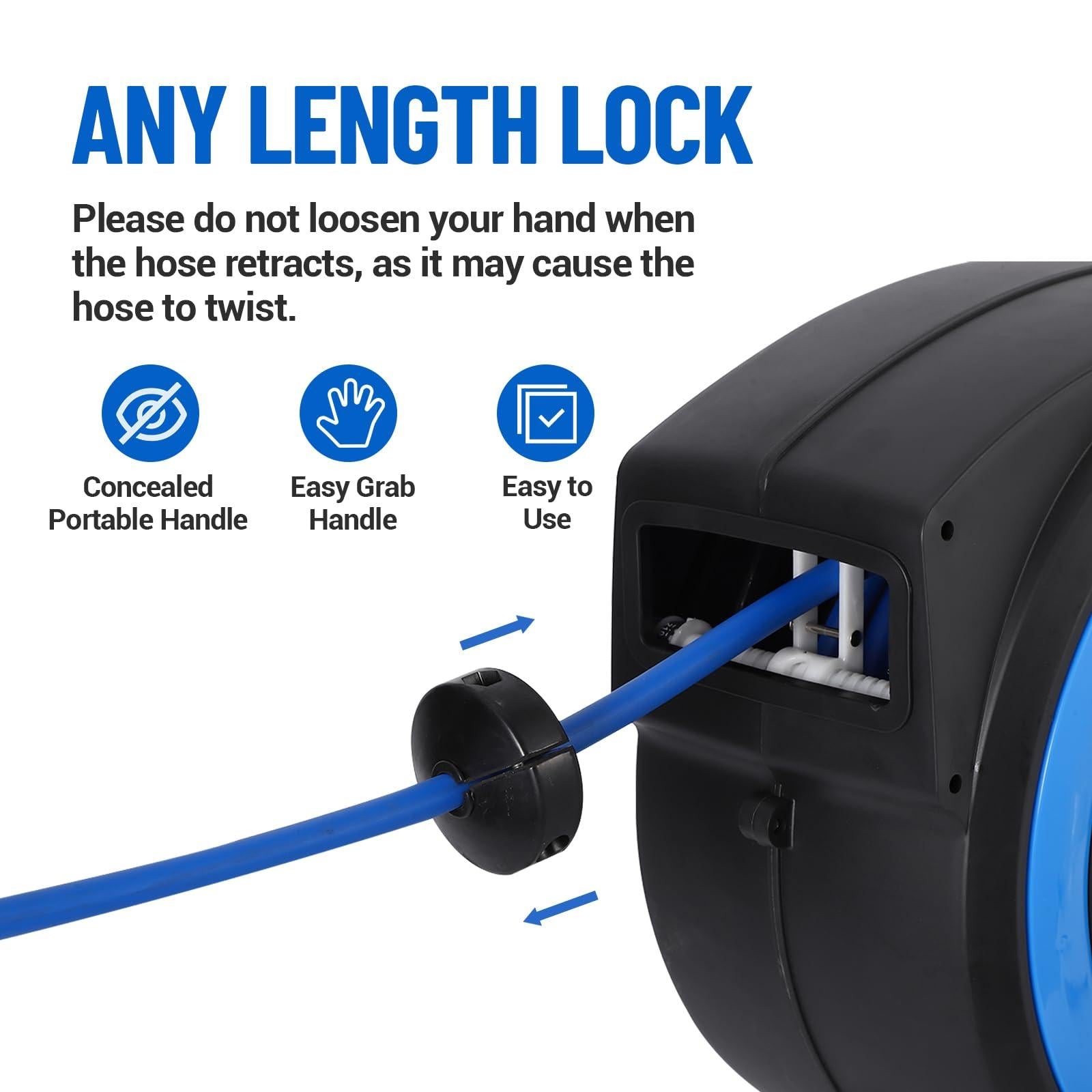 Close view of blue hose feeding through the selectable length locking mechanism