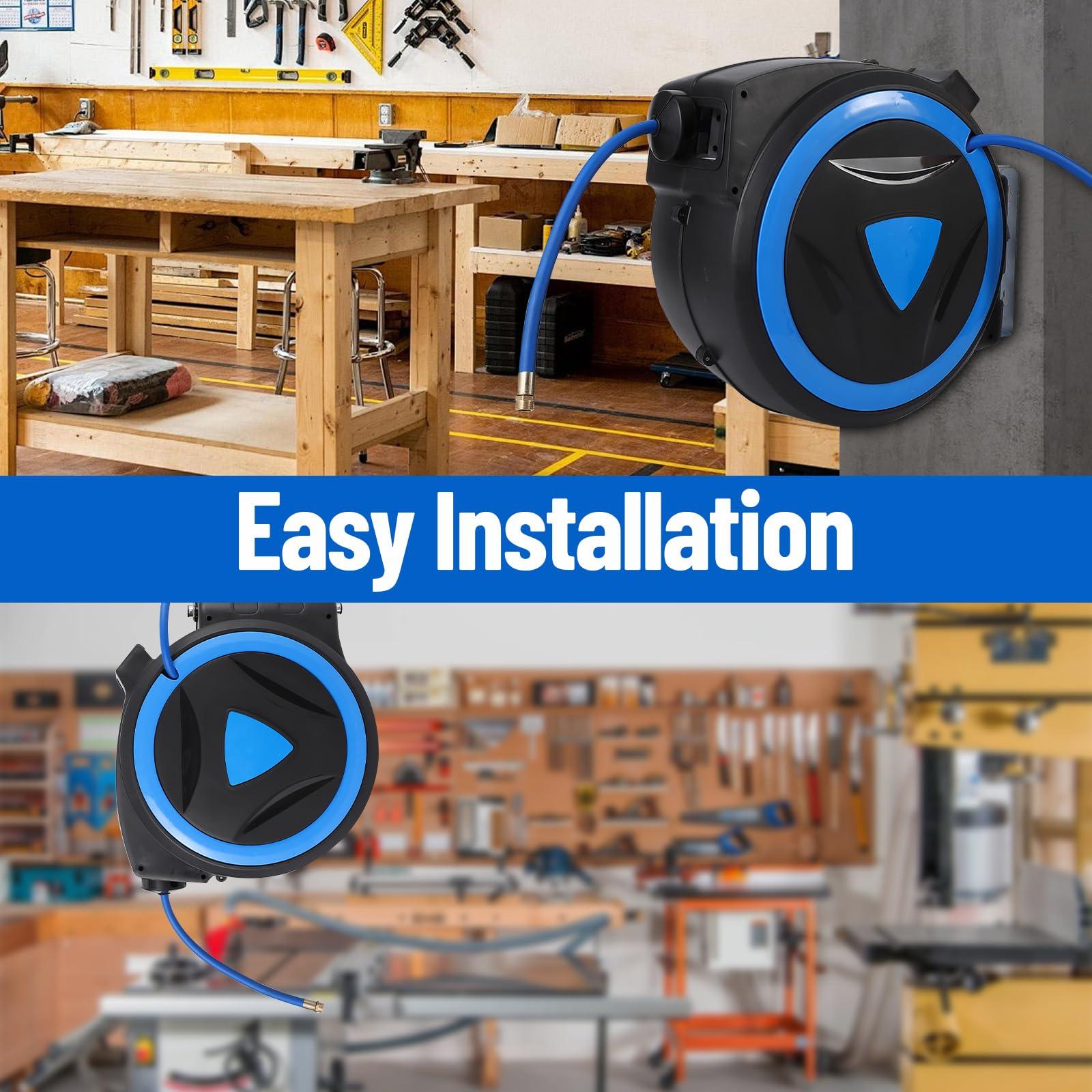 Blue retractable air hose reel shown in wall and ceiling mounted workshop setups