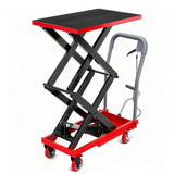 Garvee Hydraulic Lift Table Cart, 330Lbs Capacity 50" Lifting Height, Manual Double Scissor Lift Table, Hydraulic Scissor Cart for Material Handling and Transportation with Locking Wheels and Non-Slip Pad - Red(330 Lbs)-B