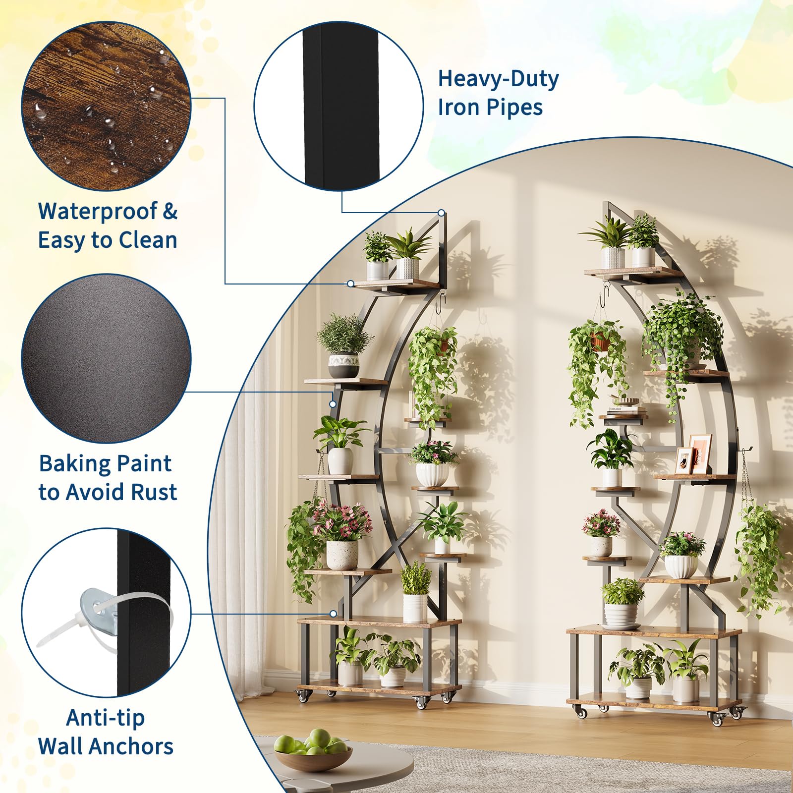 Heavy-duty iron pipes, water-resistant shelves, and anti-tip wall anchors