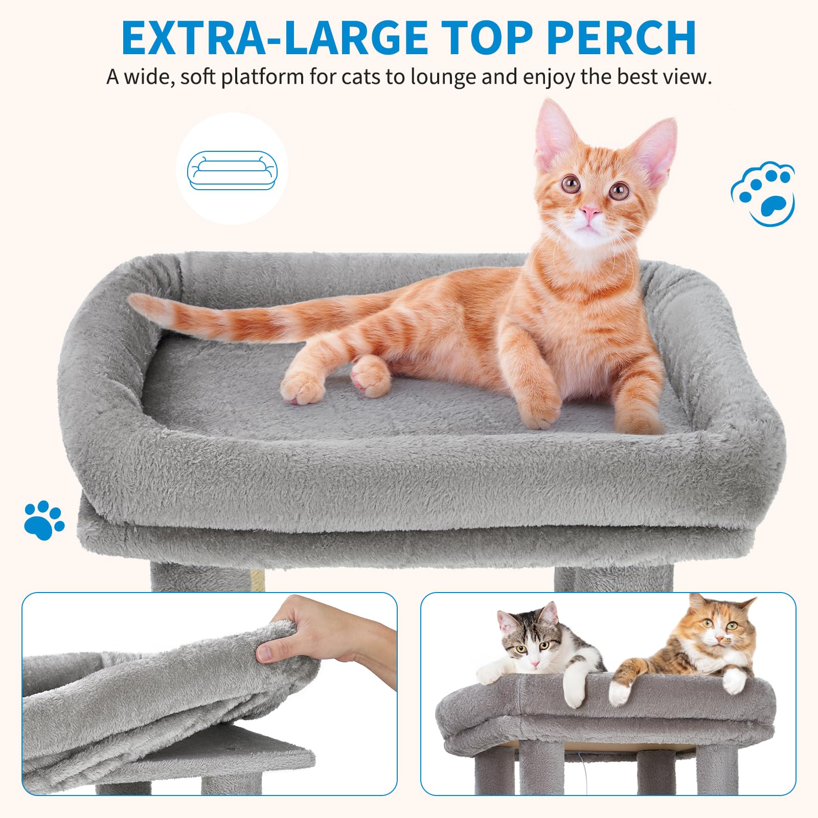 light gray cat tree showing 17.7 inch by 15.7 inch cushioned top perch for large cats