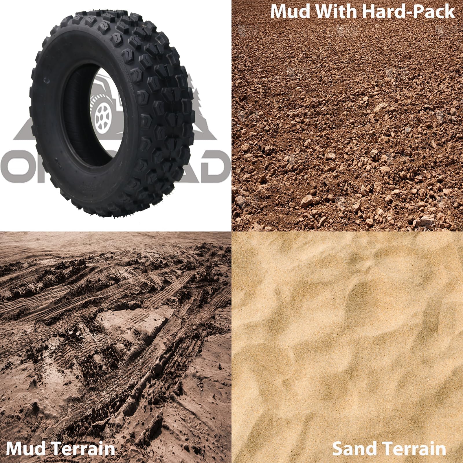 All terrain tire use across mud, hard pack, and sand