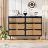 Garvee 6 Drawer Rattan Dresser with Deep Drawers and Wide Top, Natural Wood, Metal Legs, Reinforced Frame, for Bedroom and Living Room, Black - Black