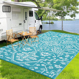 Garvee Outdoor Rug 9x12 Waterproof Reversible Polypropylene Patio Mat with Vintage Medallion, Stain-Resistant, Lightweight, Foldable for Deck Balcony Camping - Light Blue