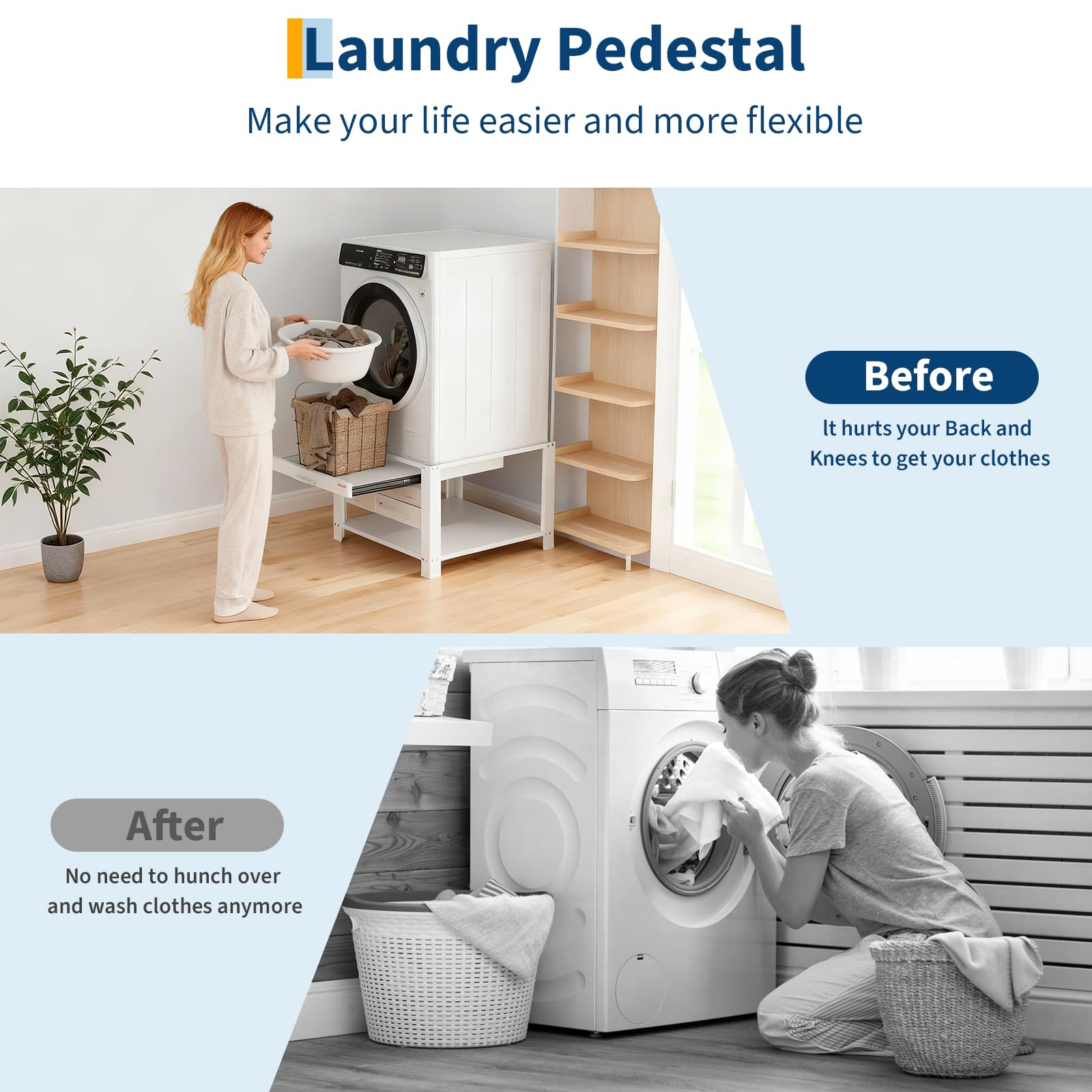 Garvee 29" Wide Laundry Pedestal for Washer and Dryer with Pullout-Shelf, Universal Fit, Anti-Vibration, 800 lbs Capacity, White
