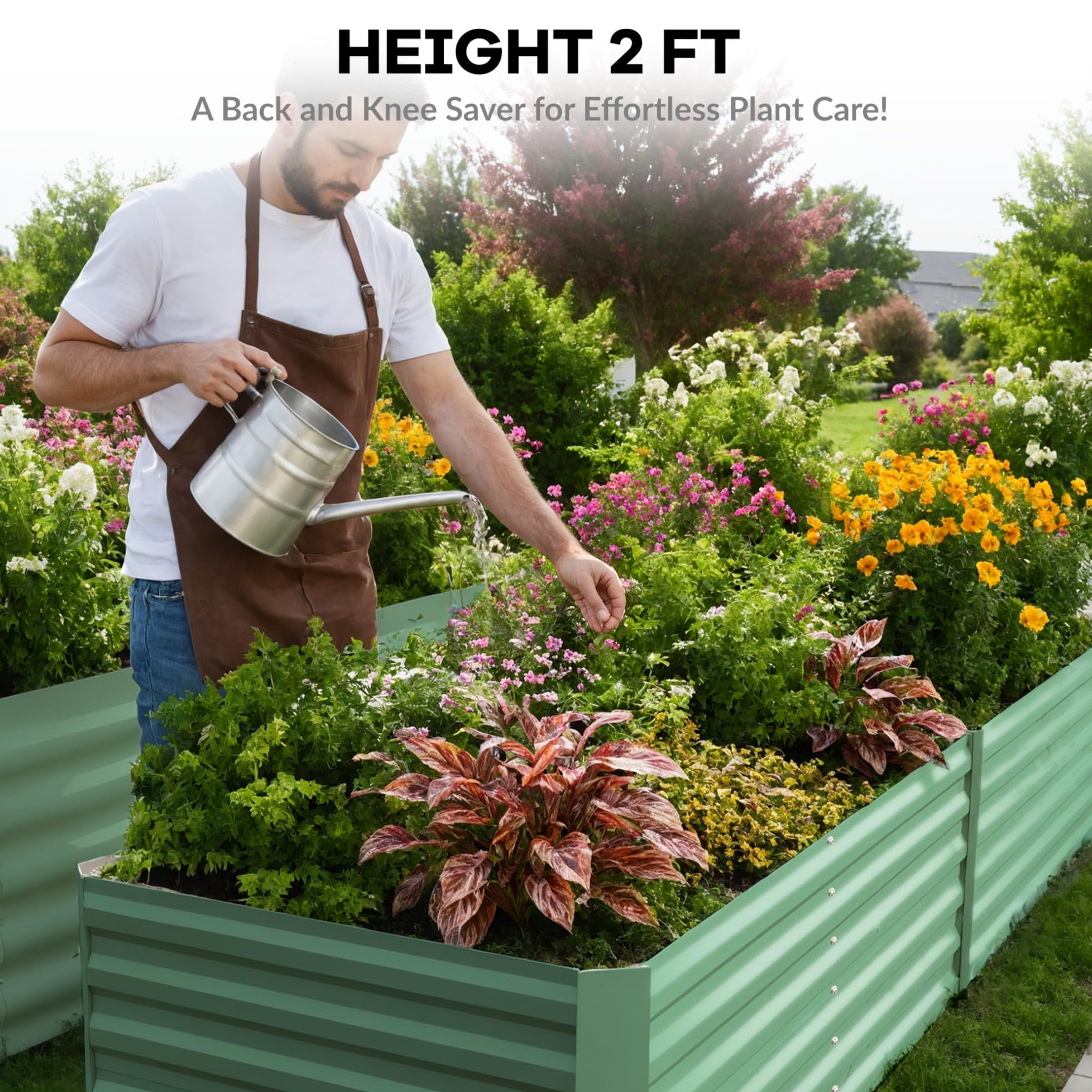 Green raised garden bed showing 2 ft height for easier plant care