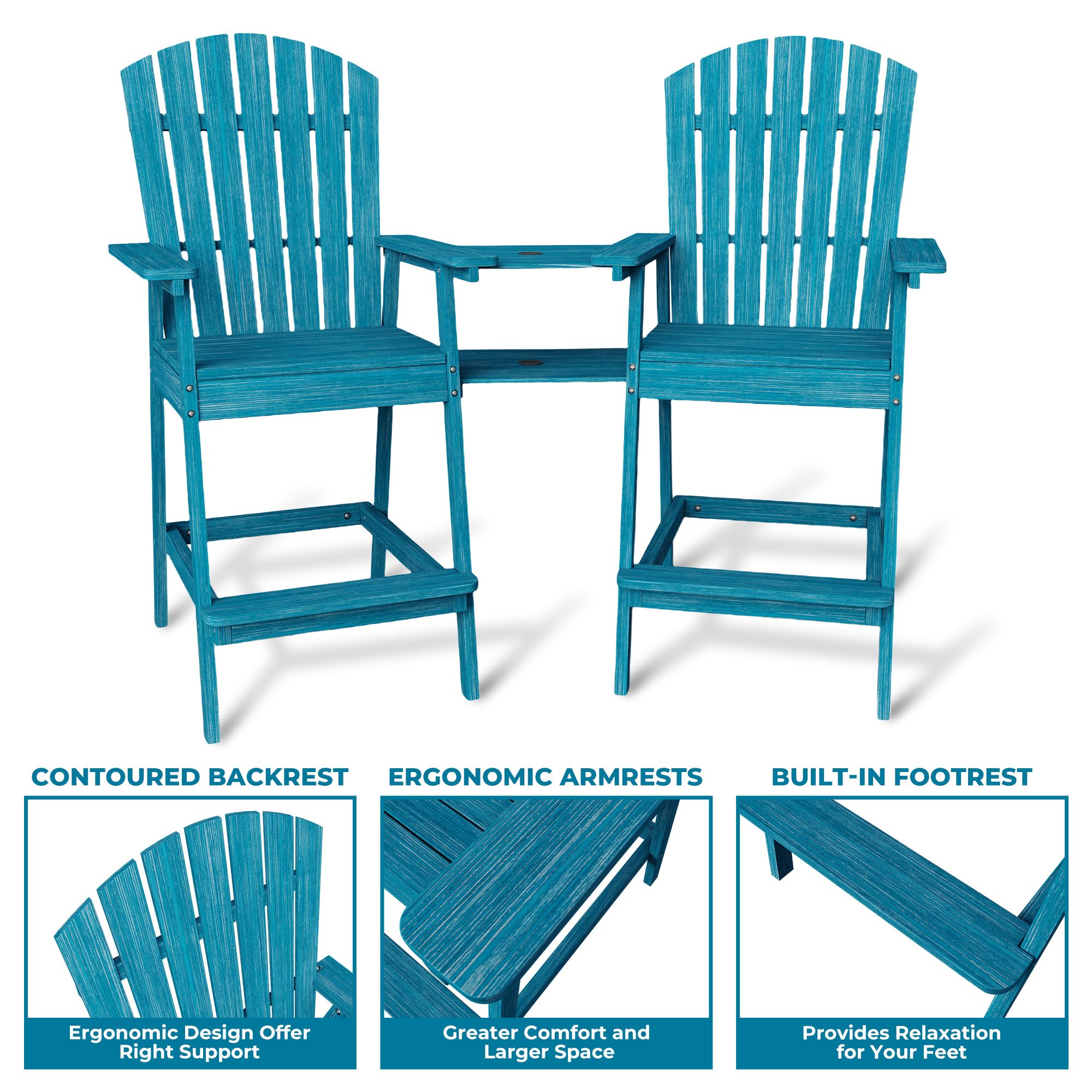 Distressed Blue Adirondack chair showing contoured backrest wide armrests and built in footrest