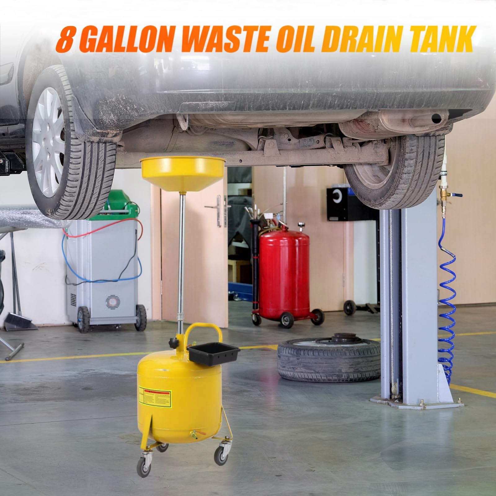 8 gallon waste oil drain tank in use under a lifted vehicle