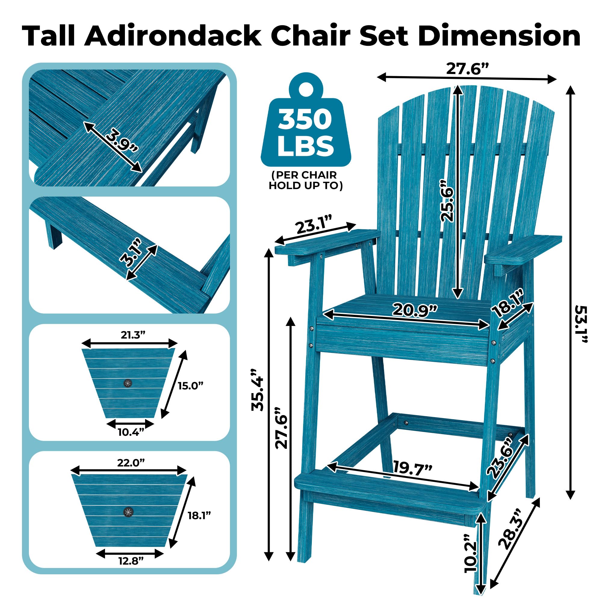 Dimension diagram of distressed blue bar height Adirondack chair with seat and frame measurements