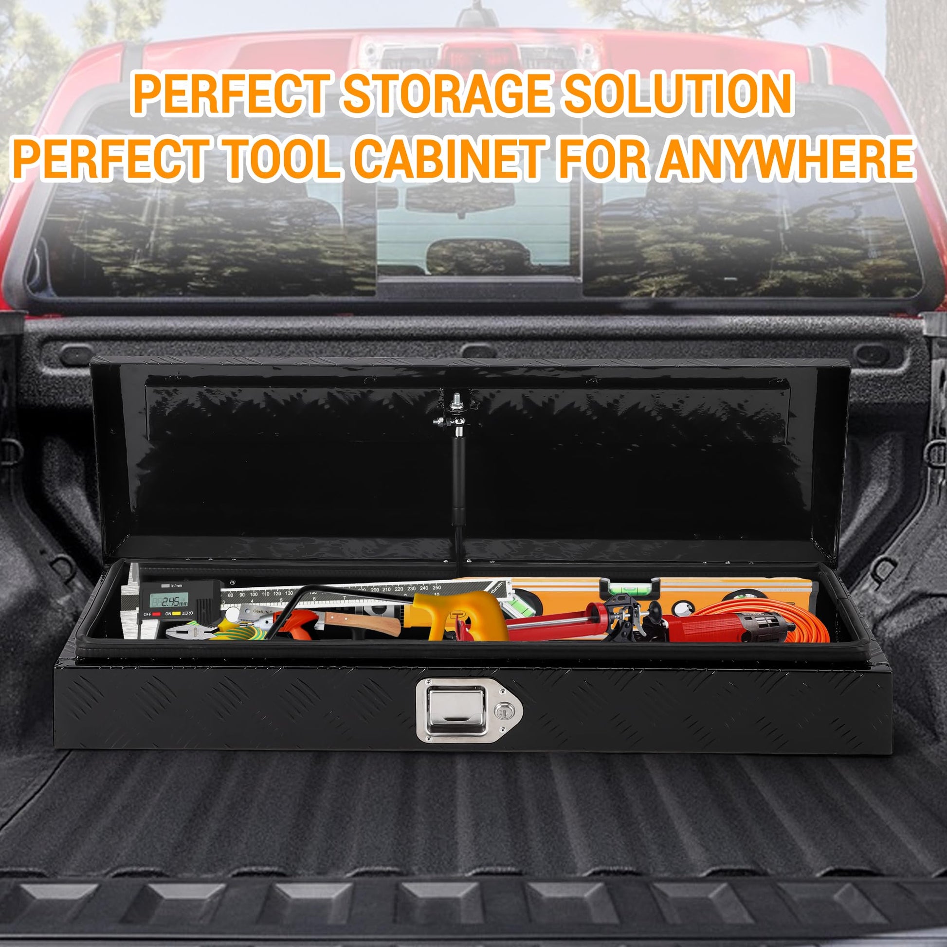 Truck bed tool box storage solution with lockable chest