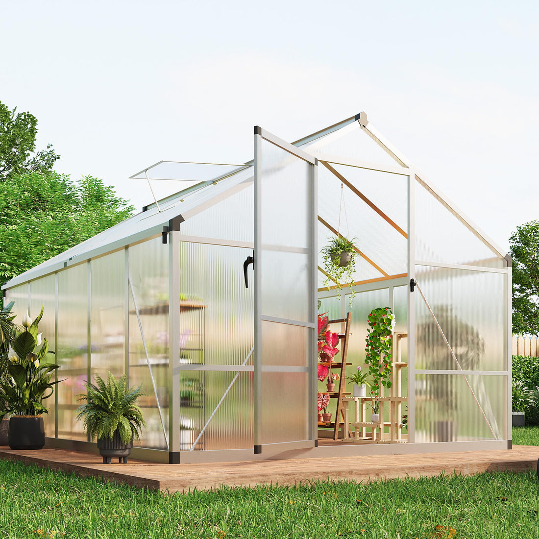 Serre de jardin Garvee 8x10 pi en polycarbonate avec cadre en aluminium, porte verrouillable, lucarne de toit réglable, couleur verte, durable