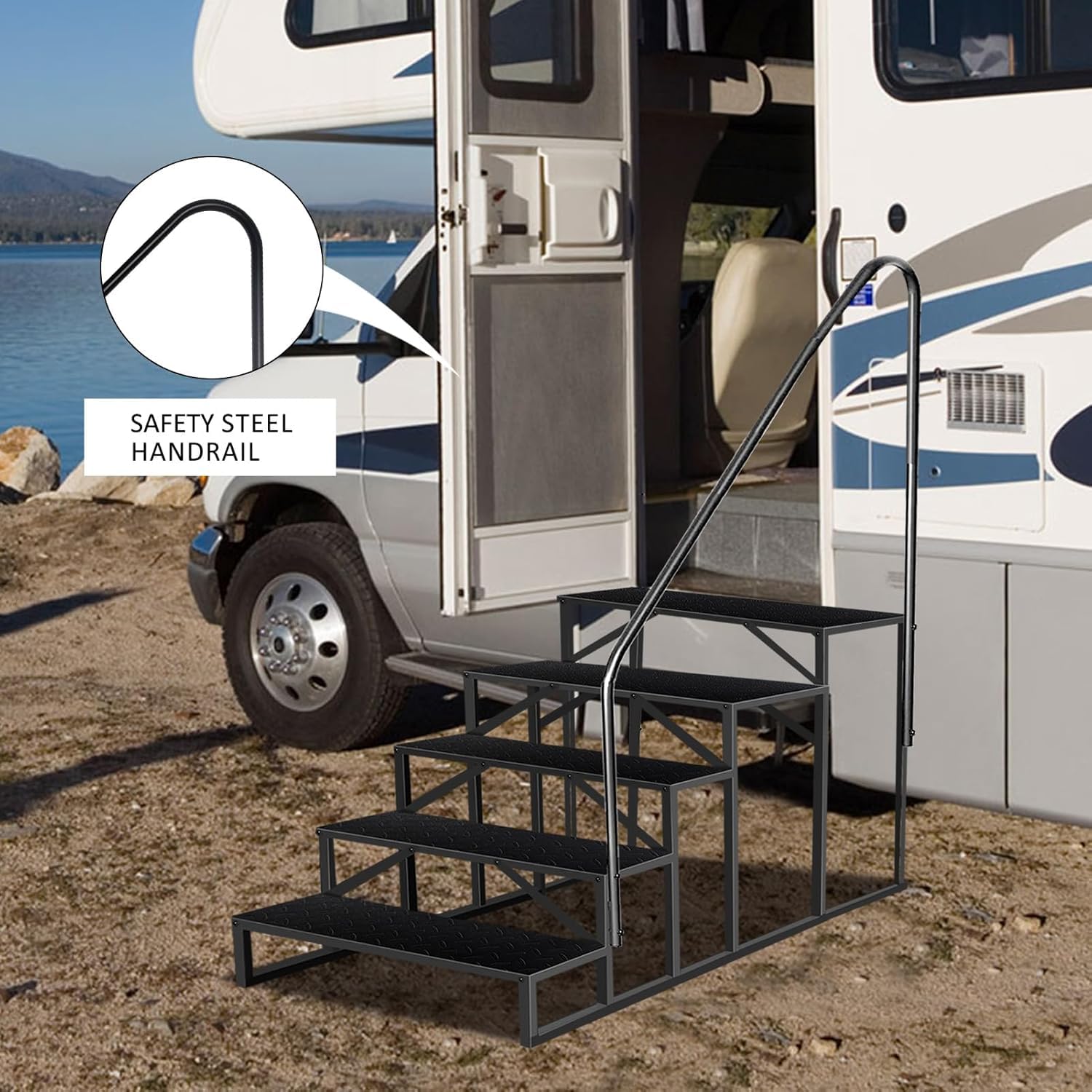 Garvee 5 Step RV steps with safety steel handrail beside an RV