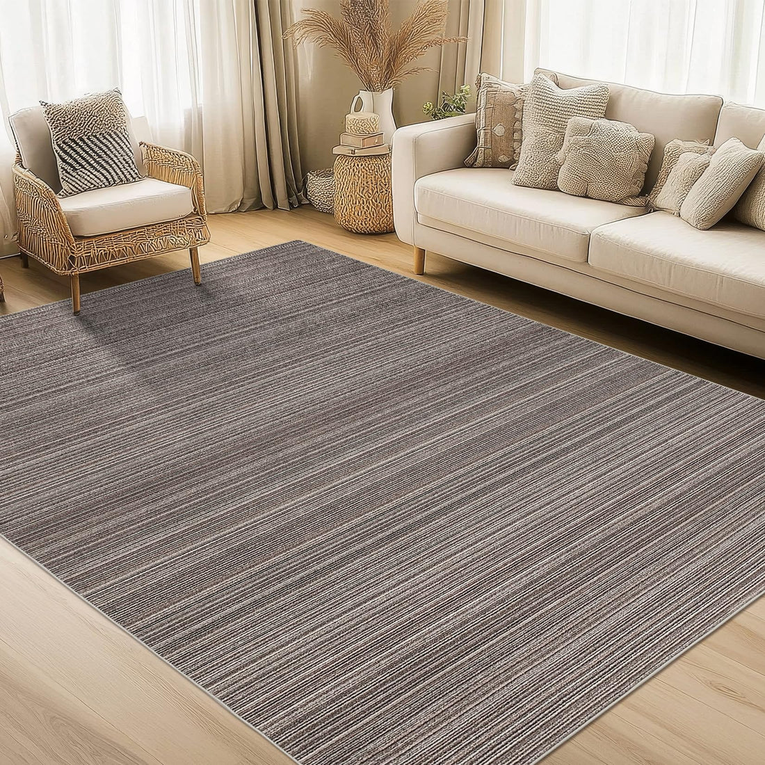 Garvee Modern Striped Washable Area Rug - Low Pile Non-Slip Contemporary Carpet - Soft, Collapsible, Mark Resistant Floor Mat for Living Room, Bedroom, Dining Room - Brown, 8x10ft (244x305cm)