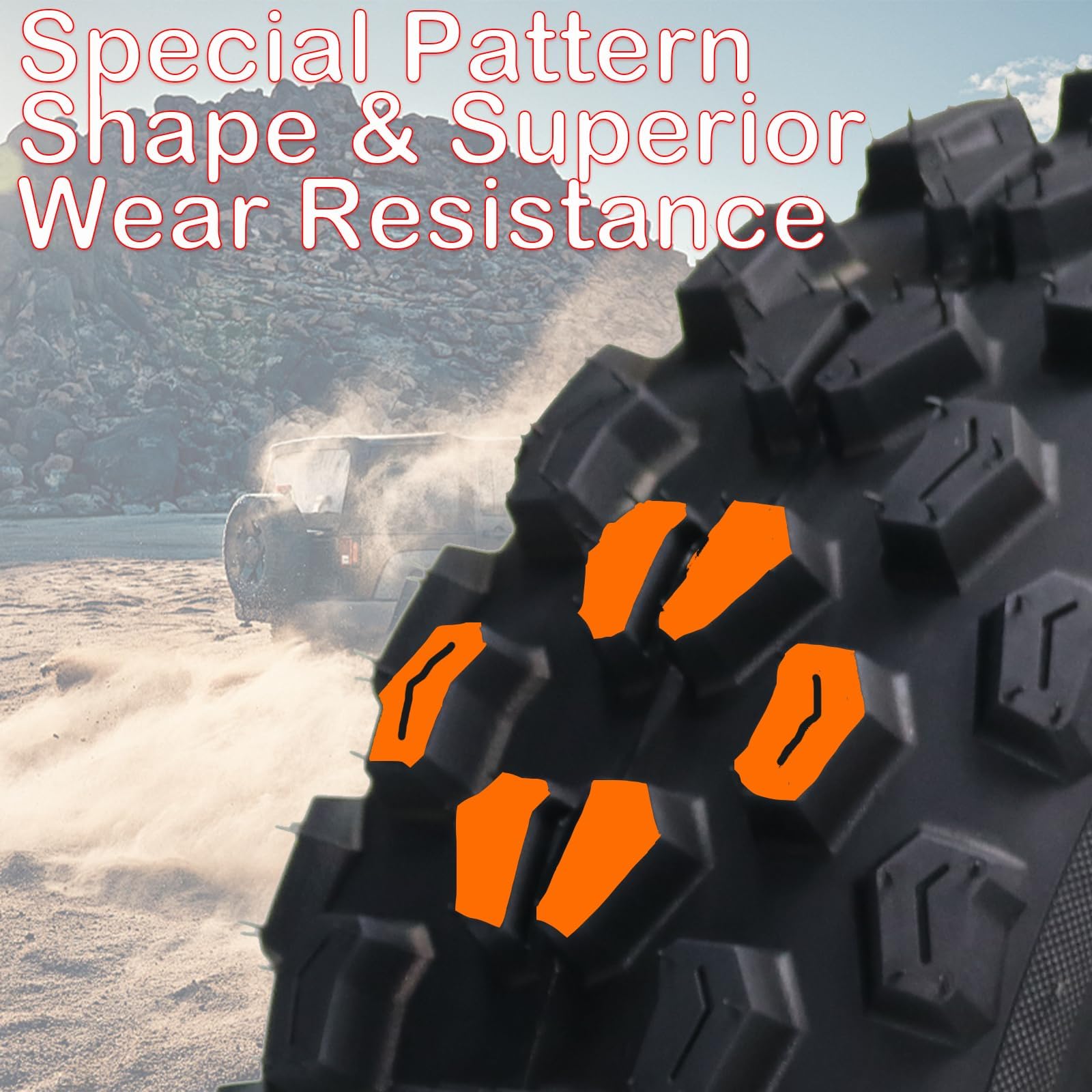 Close view of wear resistant tread blocks on a 21x7-10 ATV tire