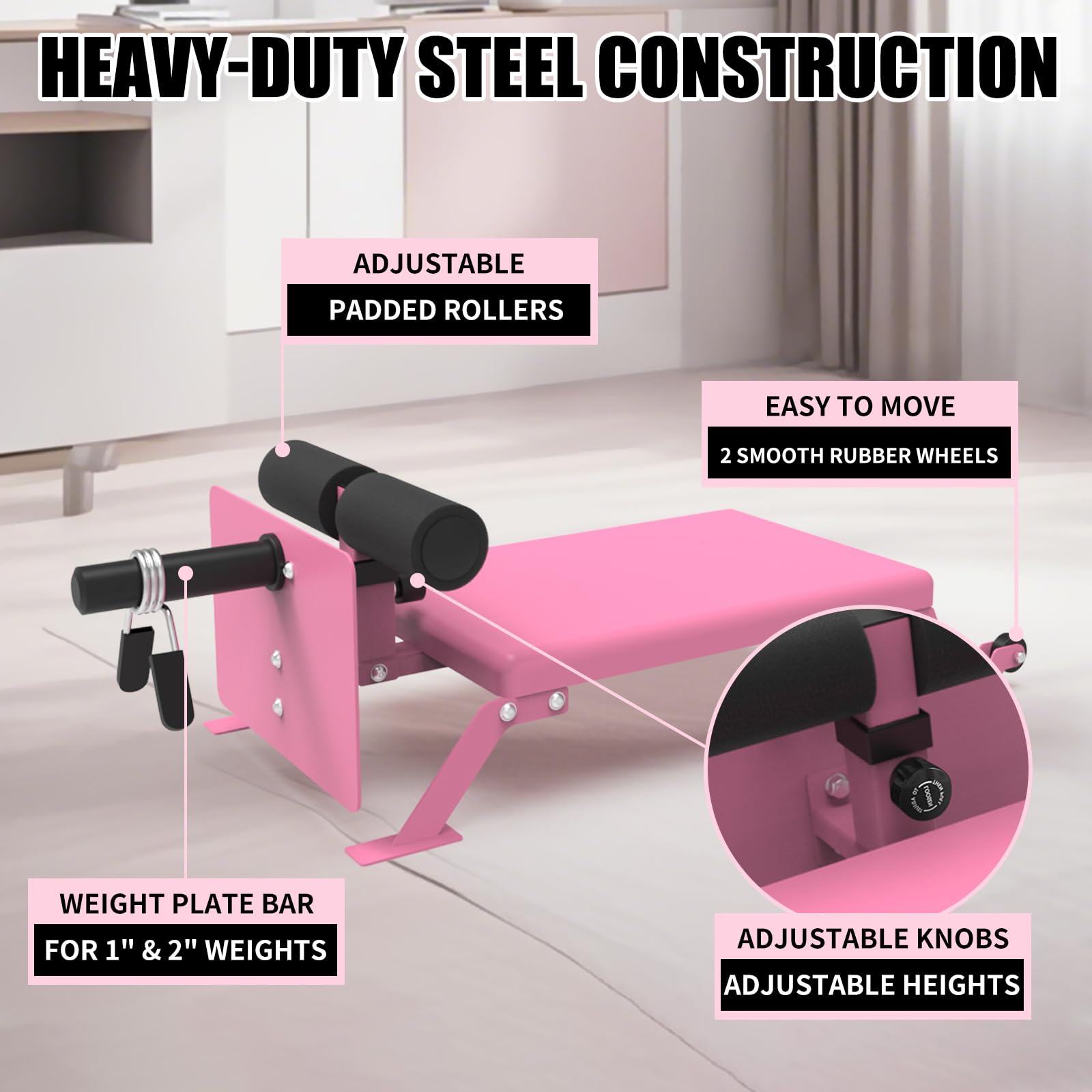 Garvee Banc de Musculation Réglable Ischio-jambiers et Fessiers avec Roues pour Gymnastique à Domicile 116,6x45,7x34,8 cm Rose