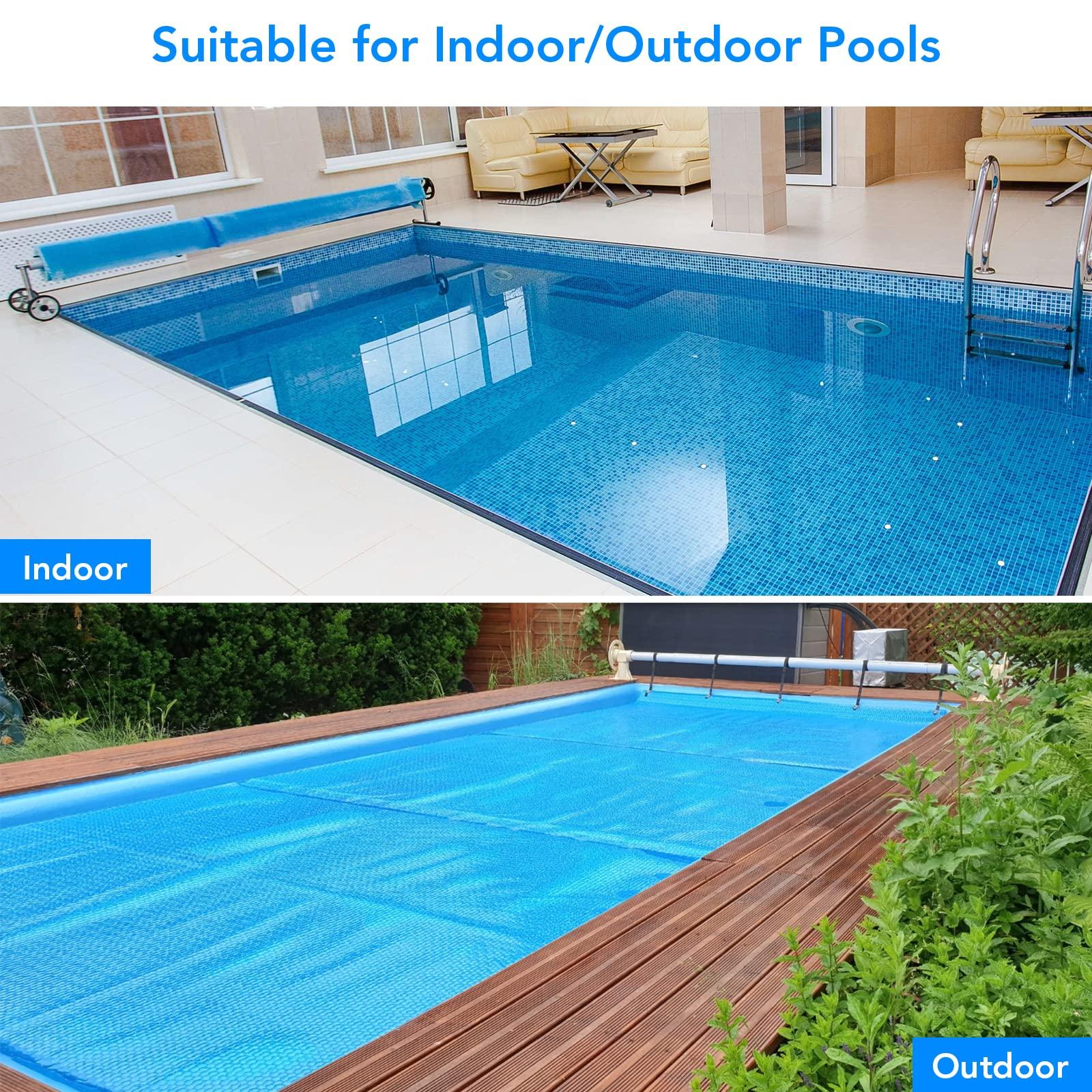 Indoor and outdoor swimming pools using blue solar covers