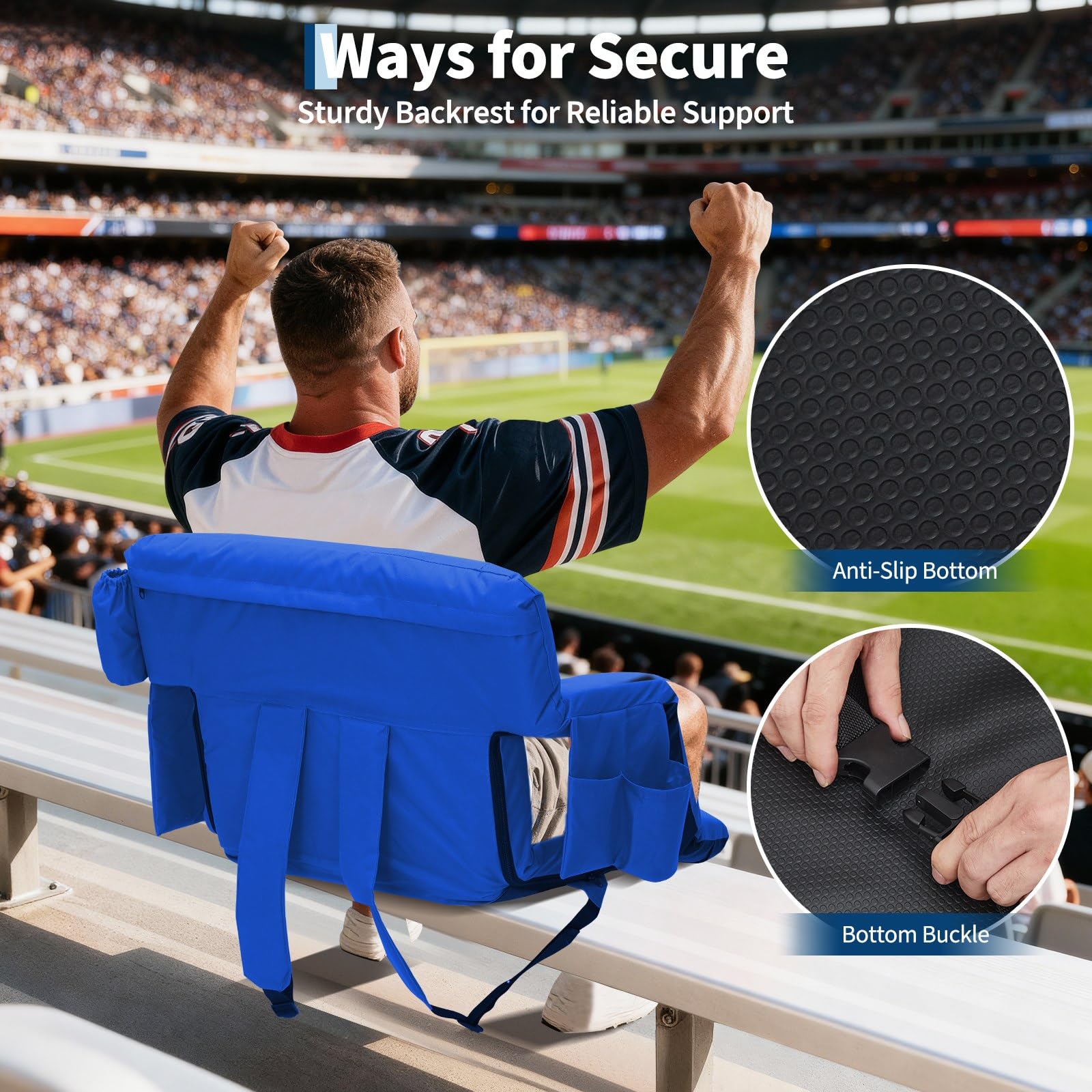 Garvee blue stadium seat with anti-slip bottom and secure bottom buckle