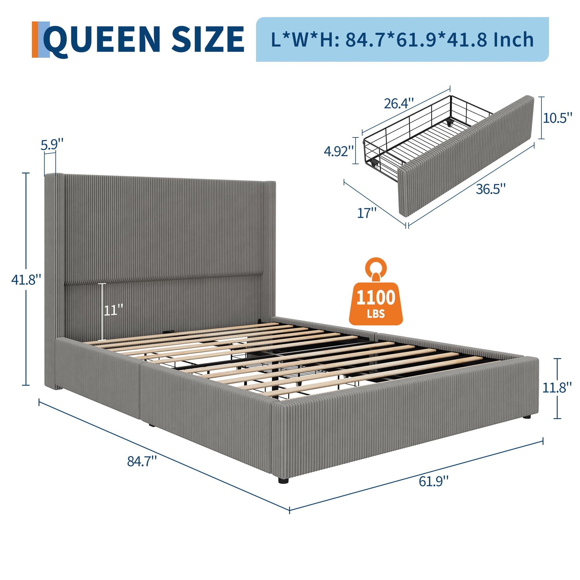 Garvee Bed Frame Queen Size with 4 Storage Drawer, Bed Frame with Headboard and Corduroy Vertical Channel Tufted Wingback, Sturdy Wooden Slats Support, Noise Free, Grey