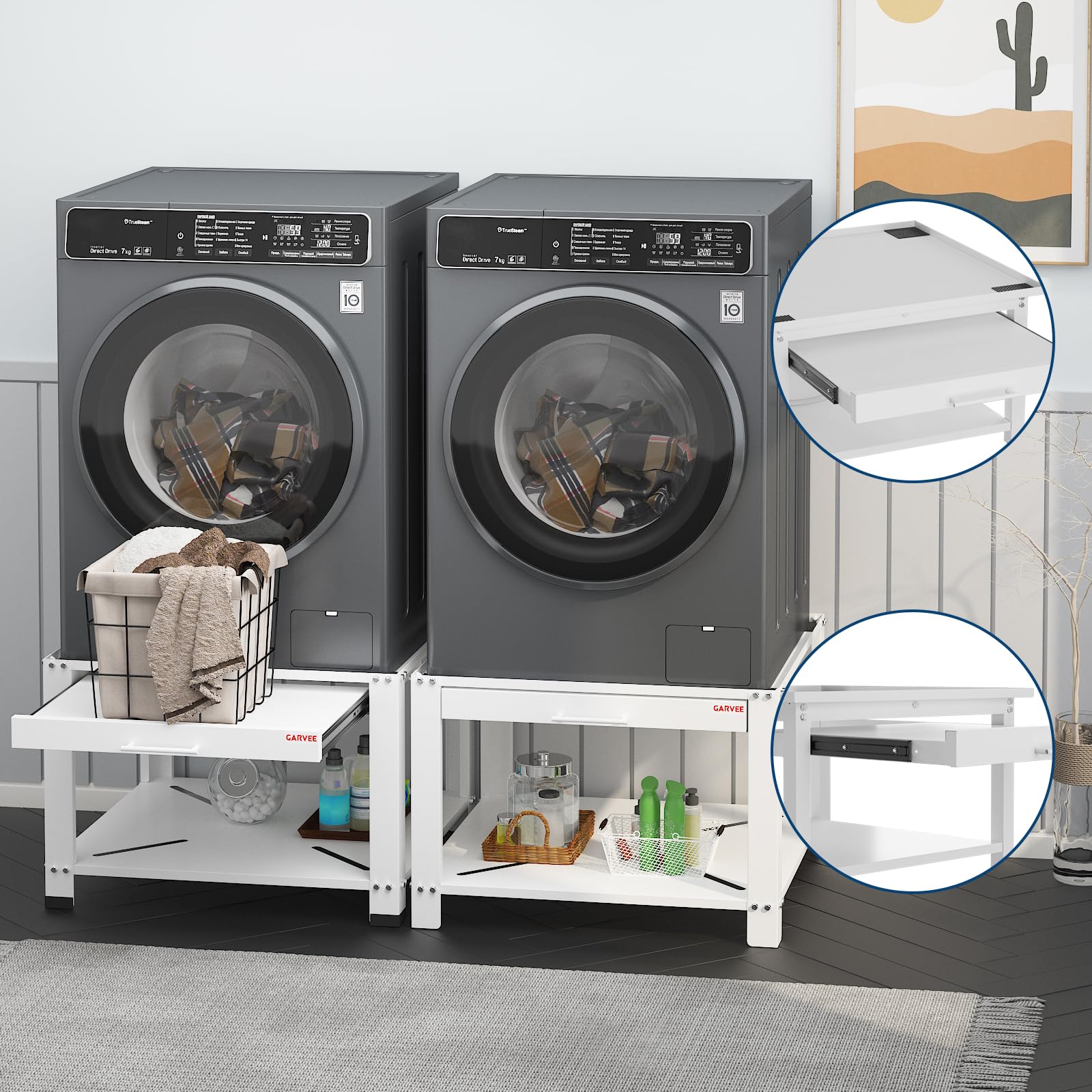 Garvee 29" Wide Laundry Pedestal for Washer and Dryer with Pullout-Shelf, Universal Fit, Anti-Vibration, 800 lbs Capacity, White
