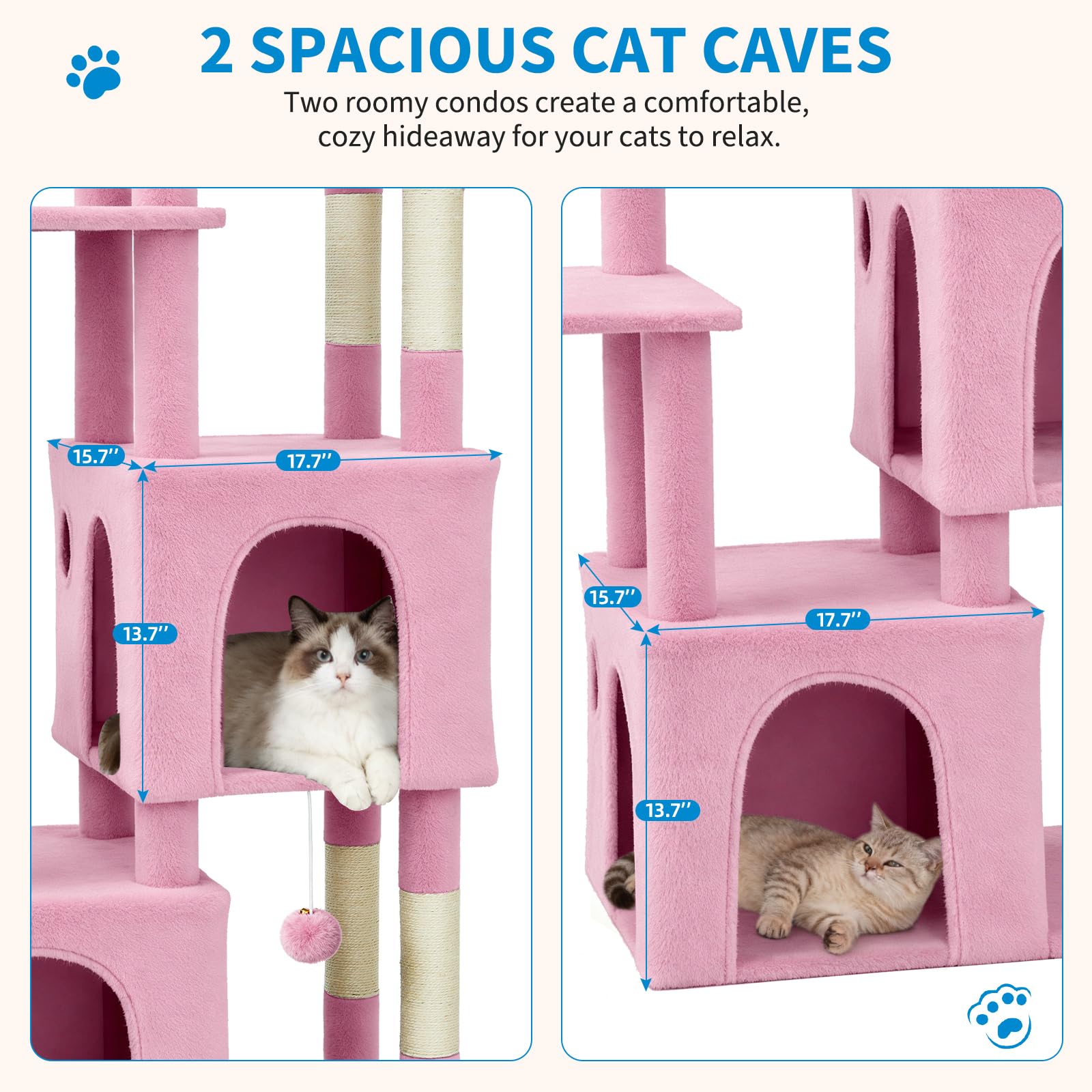pink cat tree with two spacious enclosed condos for resting cats