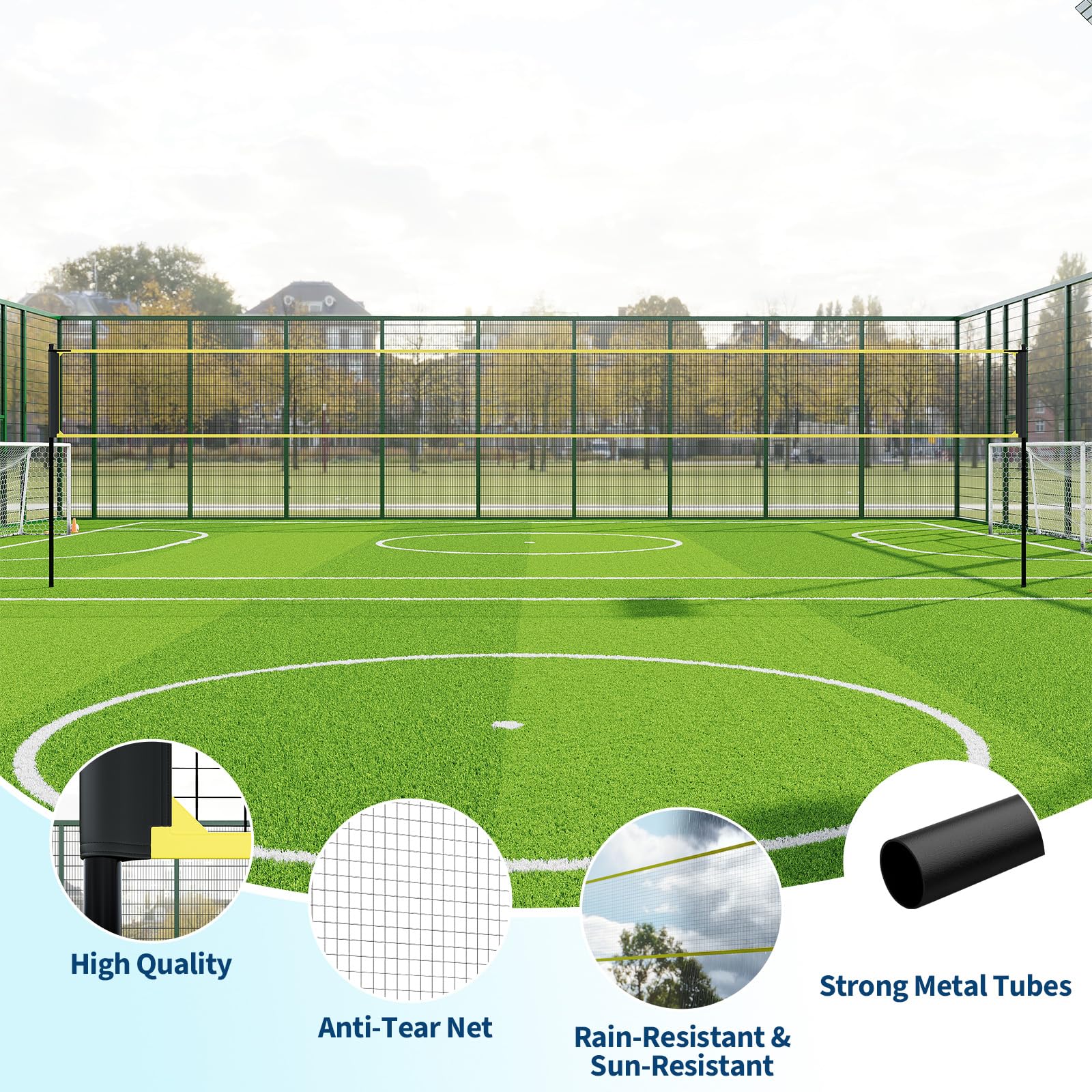 Outdoor volleyball net with strong metal tubes and anti-tear net