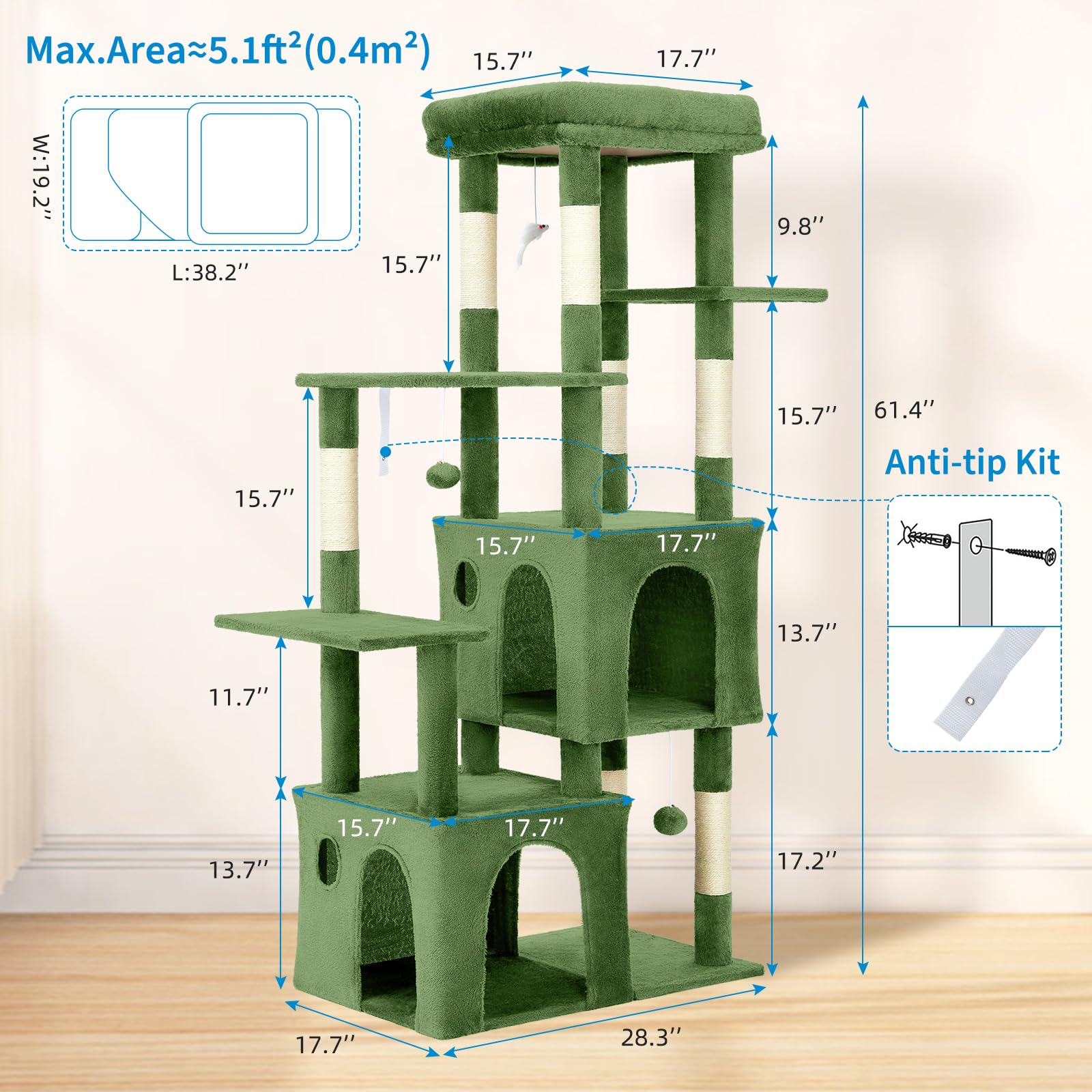 green 61 inch cat tree with labeled dimensions, wide footprint, and anti tip kit