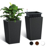 Garvee 16 Inch Tall Rattan Planter Set with Water Level Monitor & Wheels, Durable Plastic, Self-Watering & Drainage, Indoor & Outdoor Use - Black