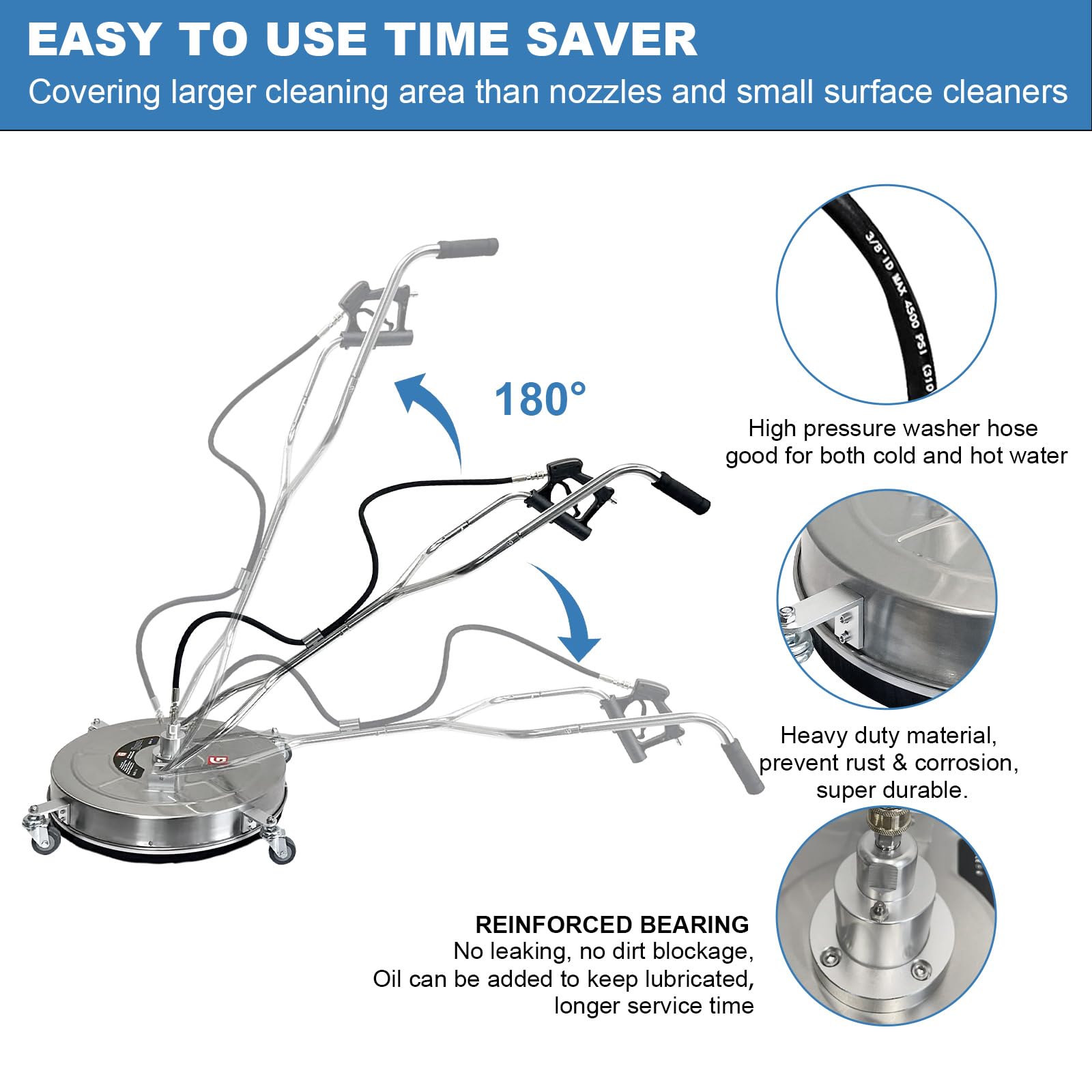 20 inch surface cleaner with adjustable dual handles hot and cold water hose and reinforced bearing
