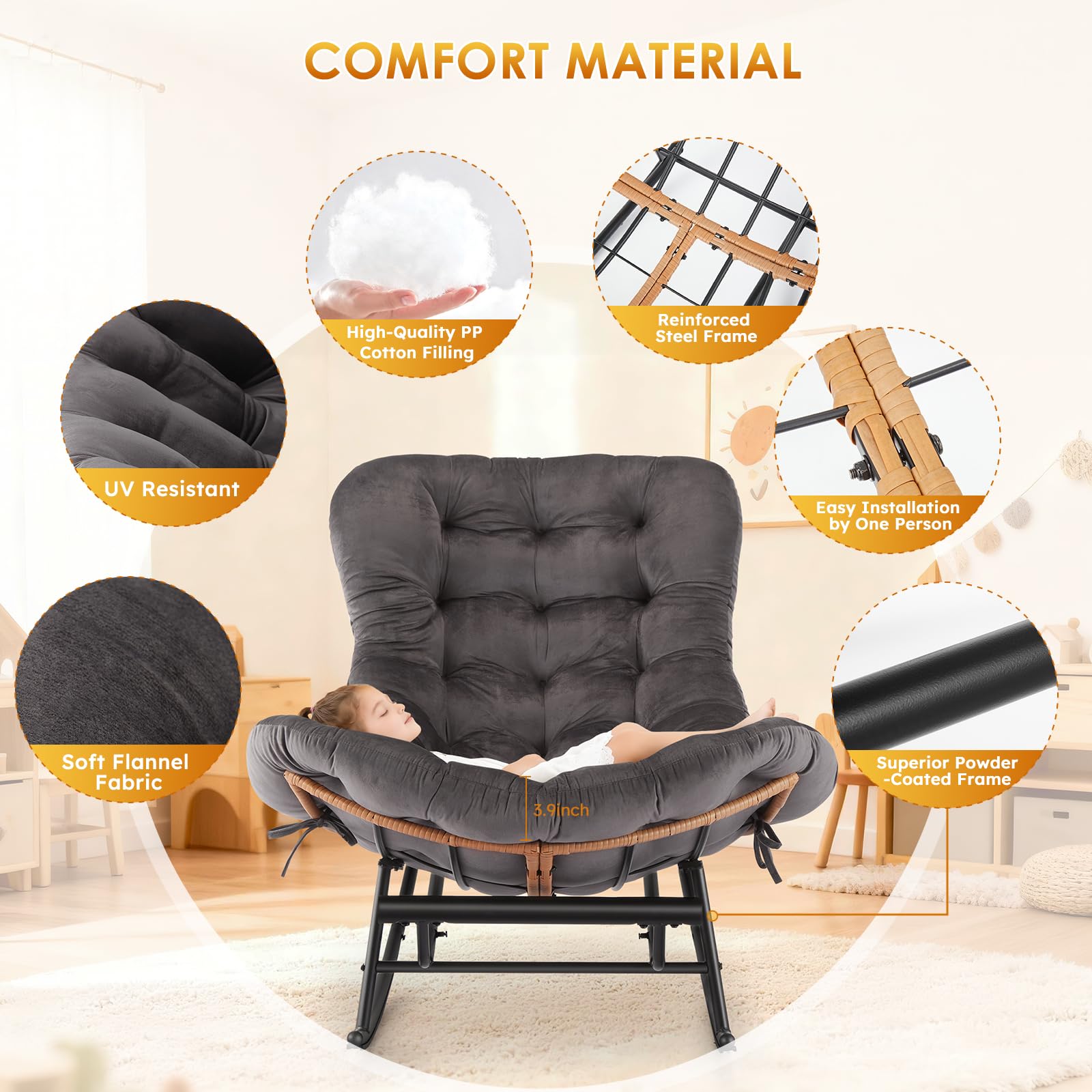 Détails du matériau de confort : remplissage en coton PP, tissu de flanelle, coussin résistant aux UV et cadre robuste