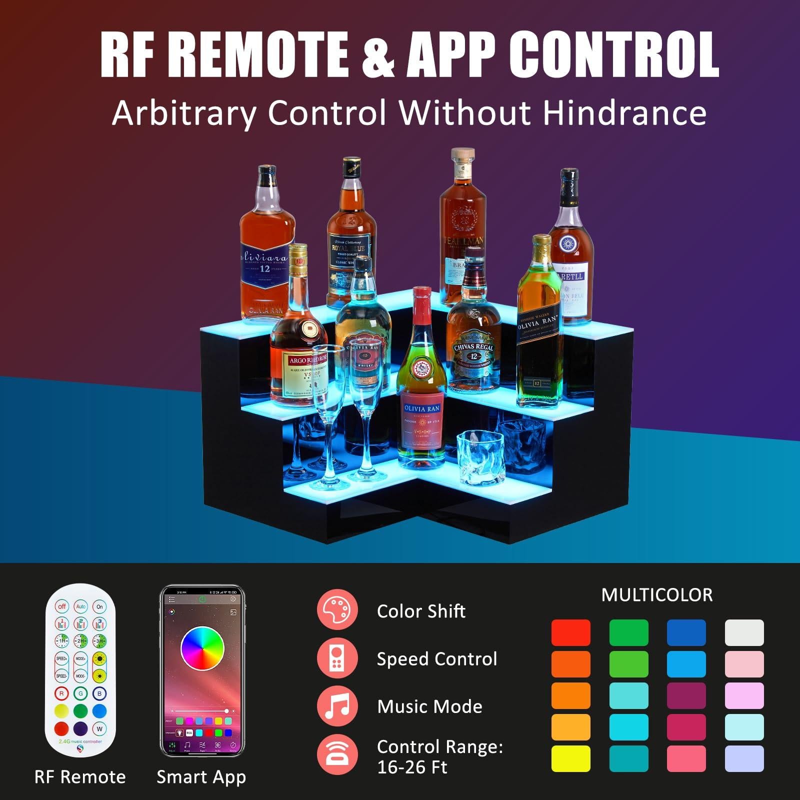 Remote and smart app control for LED liquor bottle display shelf