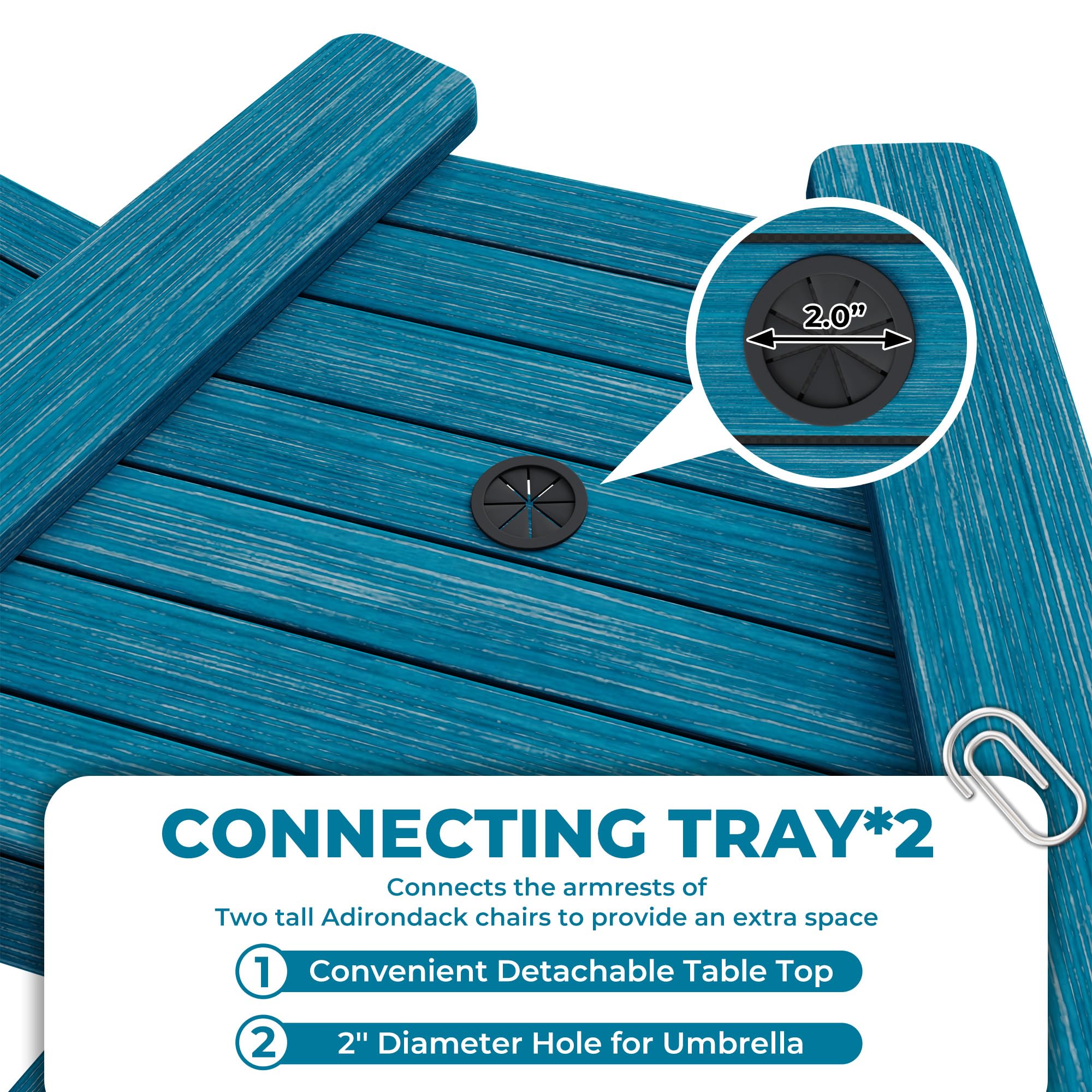 Close view of distressed blue connecting trays with removable design and umbrella opening
