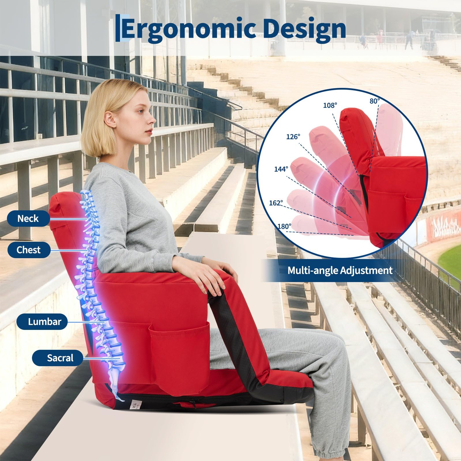 Garvee red stadium seat showing 6-position reclining ergonomic back support